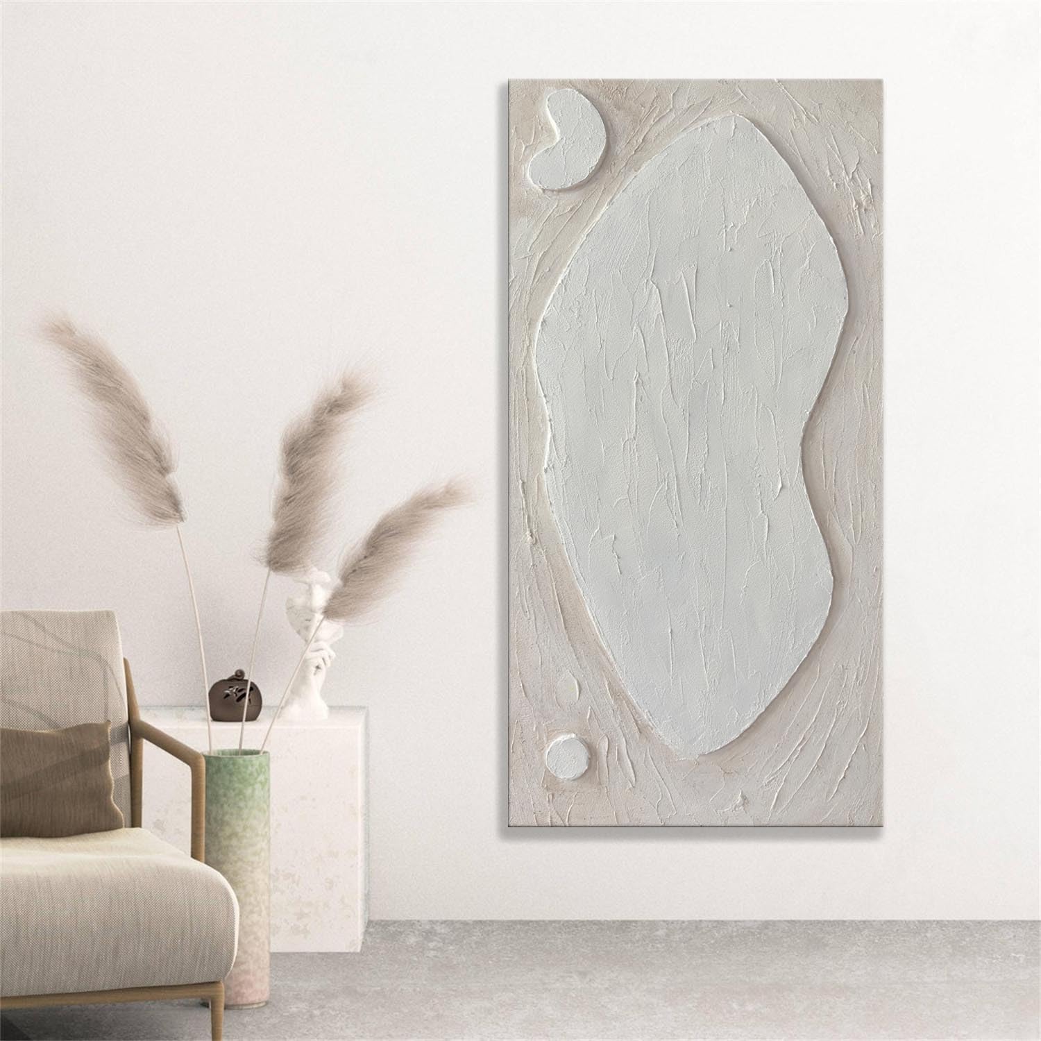 Yao or Miao White Textured Abstract Canvas Wall Art - 24x48 Inch 3D Hand Painted Oil Painting, Large Vertical Plaster Wall Decor for Living Room, Bedroom & Office | Modern Home & Office Decor
