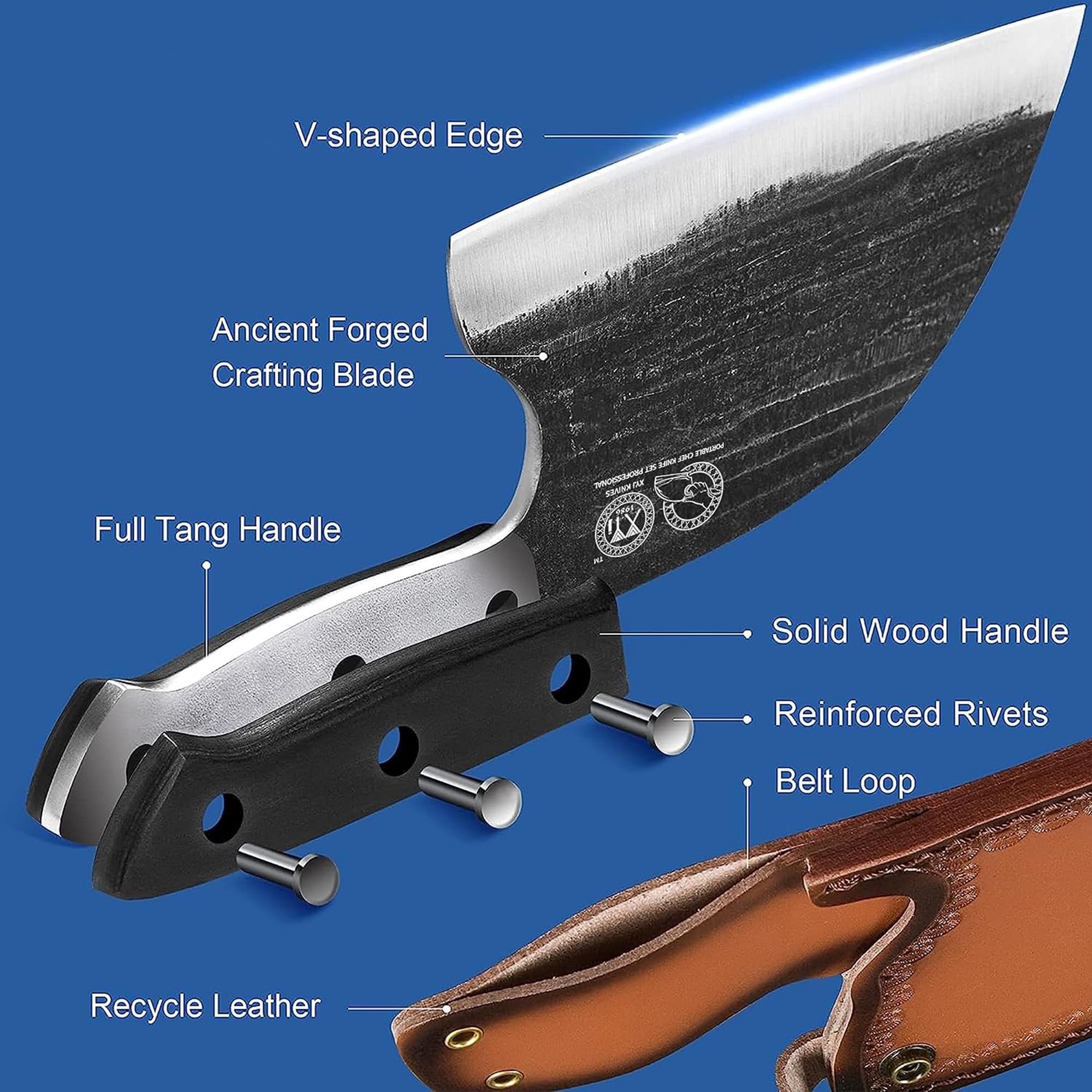 Premium 8-inch Serbian Chef Knife - Full Tang Meat Cleaver & Butcher Knife Set with Leather Sheath - Professional Kitchen Knives for Cooking, Camping & Outdoor Adventures