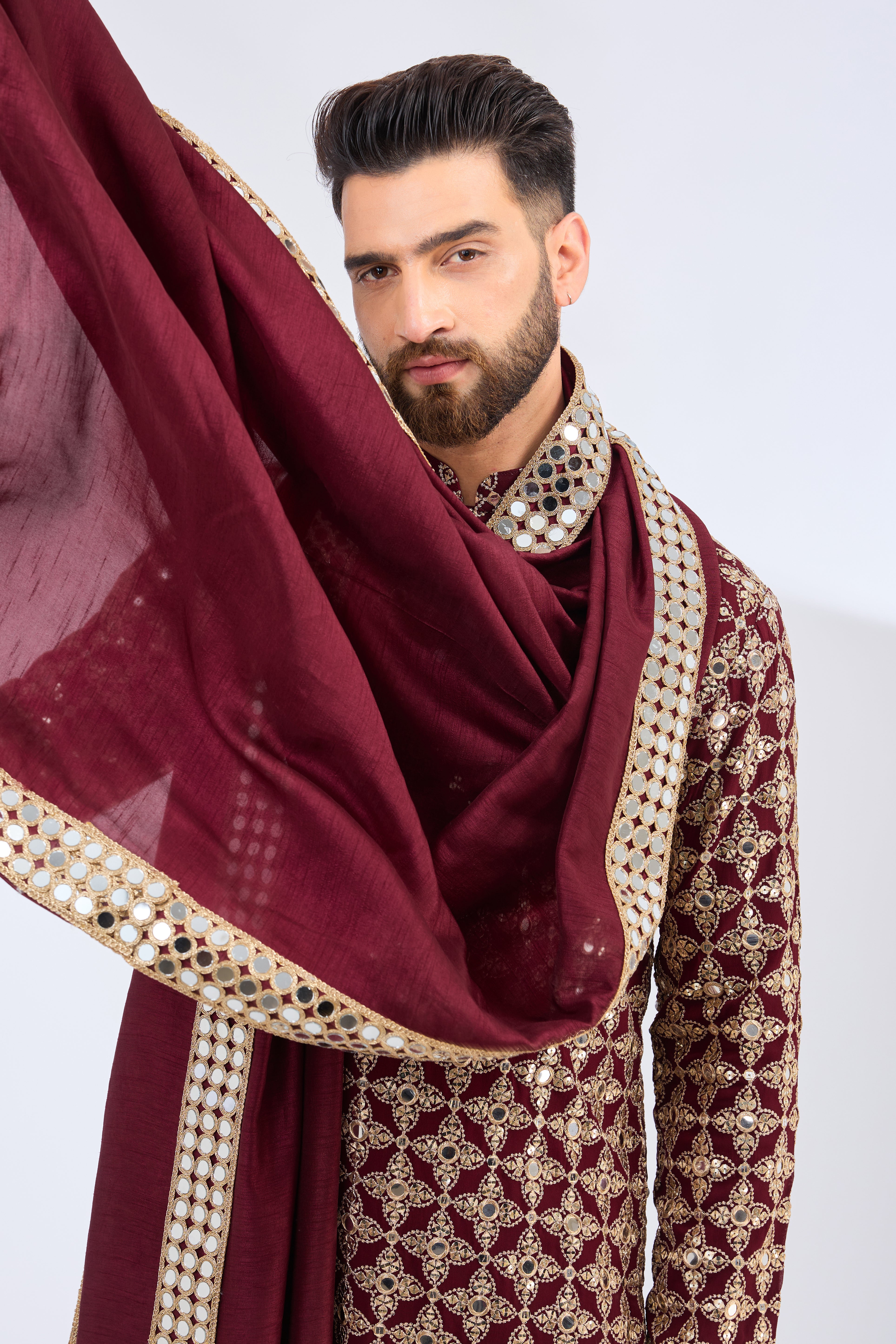 Elegant Maroon Mirror Work Kurta with Zari Embroidery & Matching Mirror Work Stole - Perfect for Festivals, Weddings & Ethnic Fashion