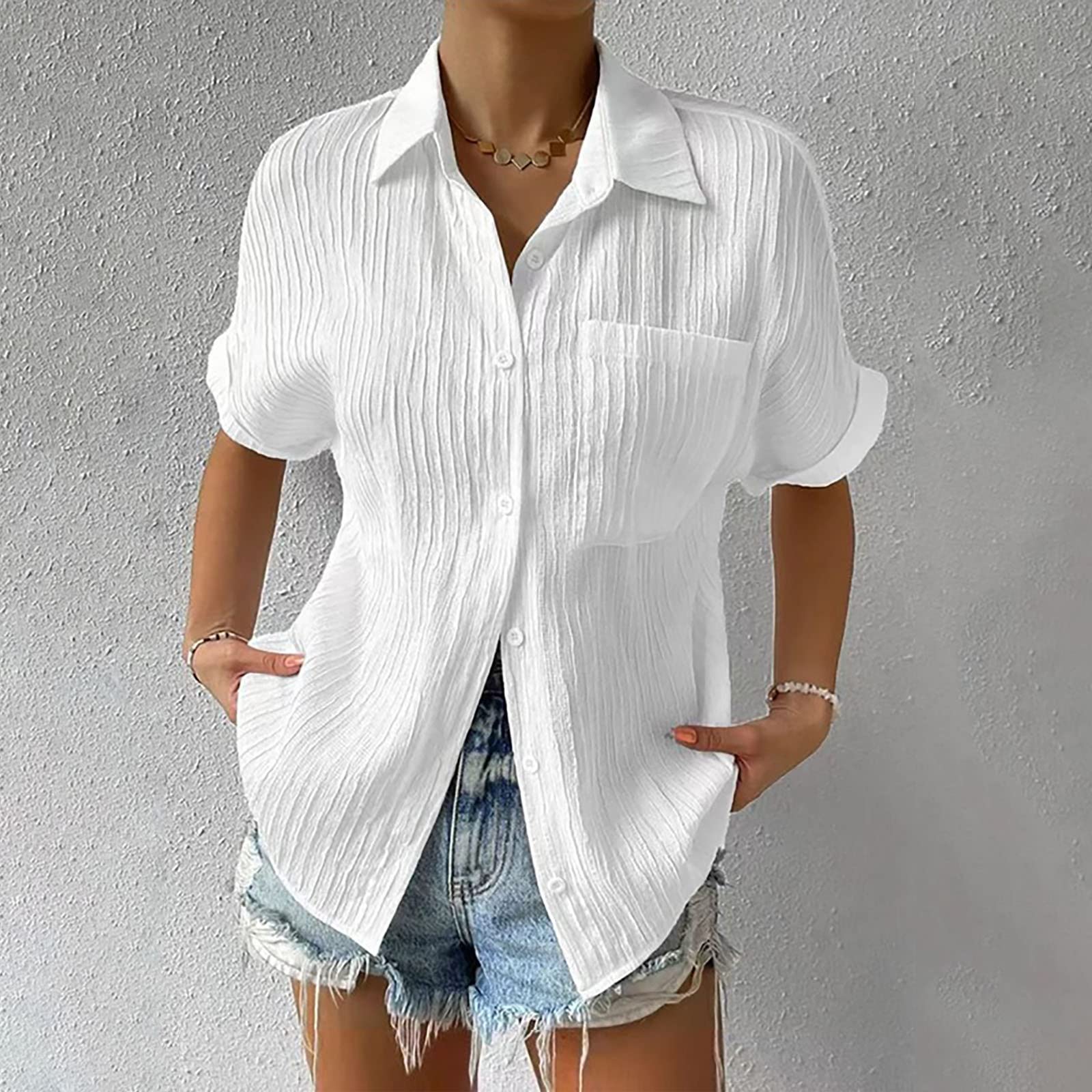 Women's Textured Button Down Blouse - Short Sleeve Collared T-Shirt | Dressy Work Tops & Casual Shirts for Office, Date Night & Weekend Outings