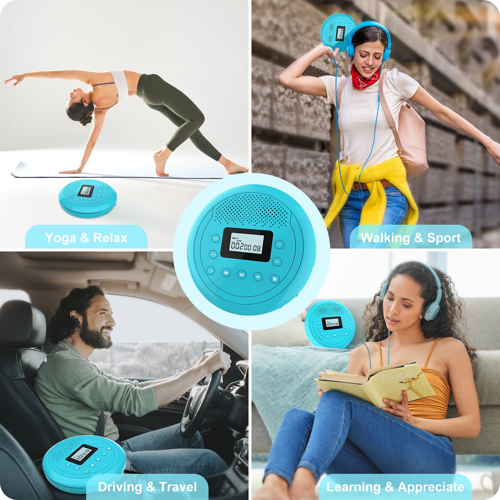 Portable Rechargeable CD Player with Built-in Speaker - Anti-Skip Walkman for Kids, Car & Home Use | Includes Headphones (Cyan-Blue) | Perfect for Travel, Commuting & Bedtime Music