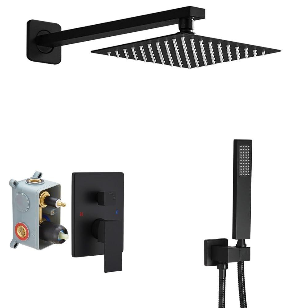 Luxury Matte Black Shower System - Brass Rainfall Shower Head Combo Set with Wall Mounted Mixer & Rough-in Valve (Body & Trim Included) for Modern Bathroom & Spa Experience