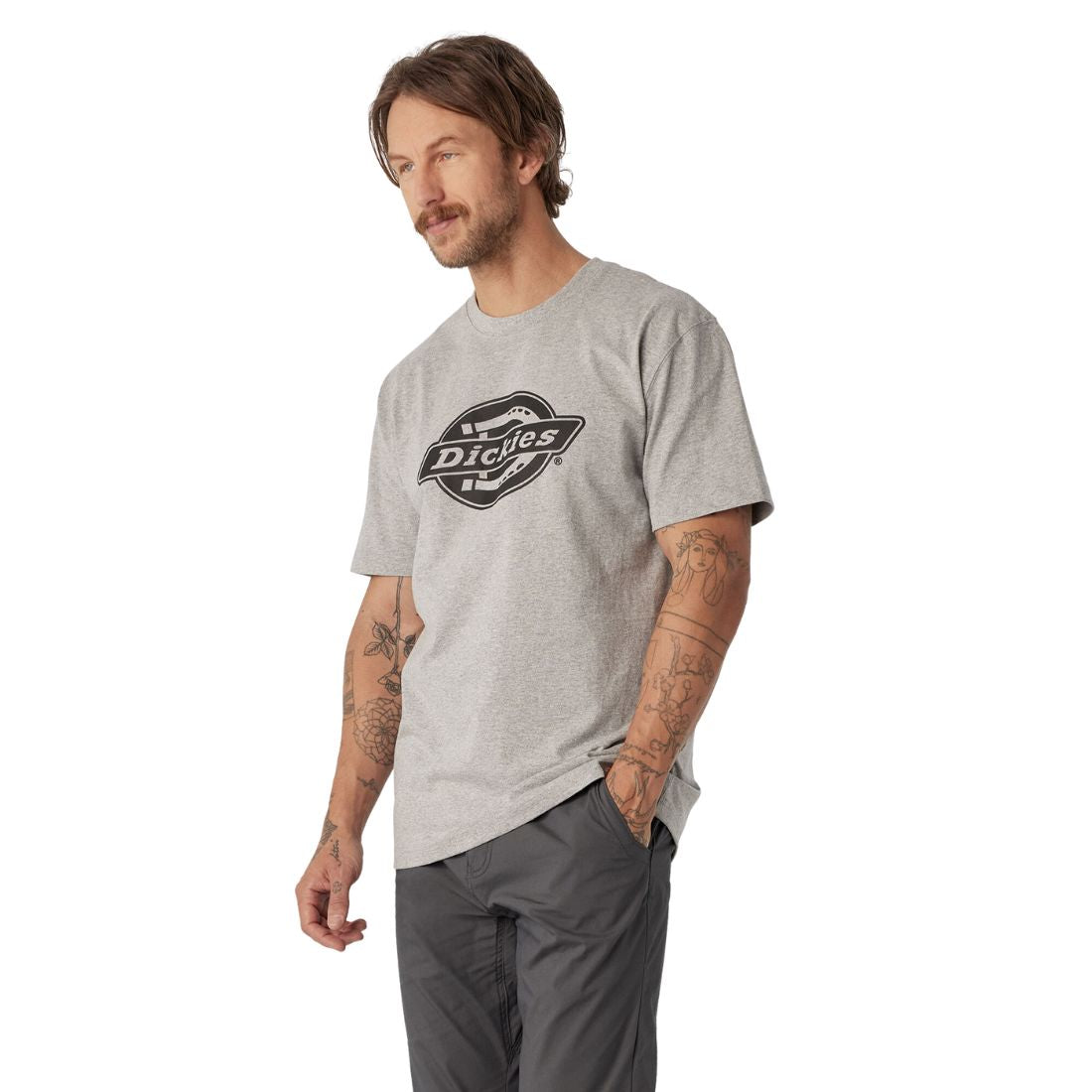 Dickies Heavyweight Logo Men's Short Sleeve Work T-Shirt WS22C - Durable Cotton Workwear for Construction, Landscaping & Outdoor Jobs - Heather Grey