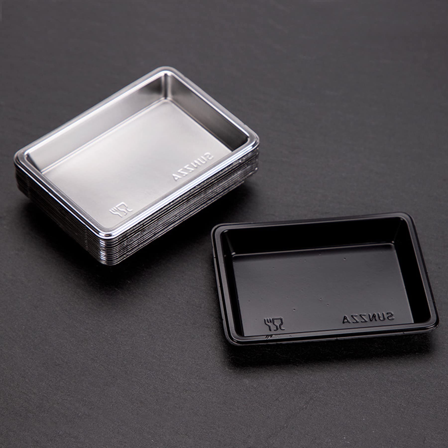 QJFCare 100Pcs Rectangle Disposable Sauce Dishes - Mini Dipping Dessert Plates, Soy Sauce Bowls, Seasoning Dishes for Home, Restaurant & Party Use - Silver (Ideal for Appetizers, Sushi, Condiments & Small Snacks)