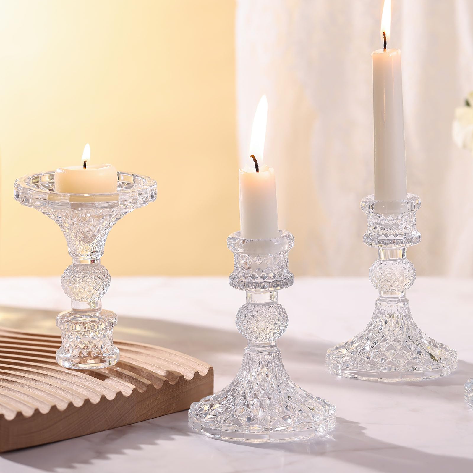 6-Piece Clear Glass Candle Holder Set - Vintage Style Taper Candlestick Holders for Wedding Centerpieces, Party Decor & Christmas Home Decorations - Perfect for Dining Table, Mantel Decor and Holiday Celebrations