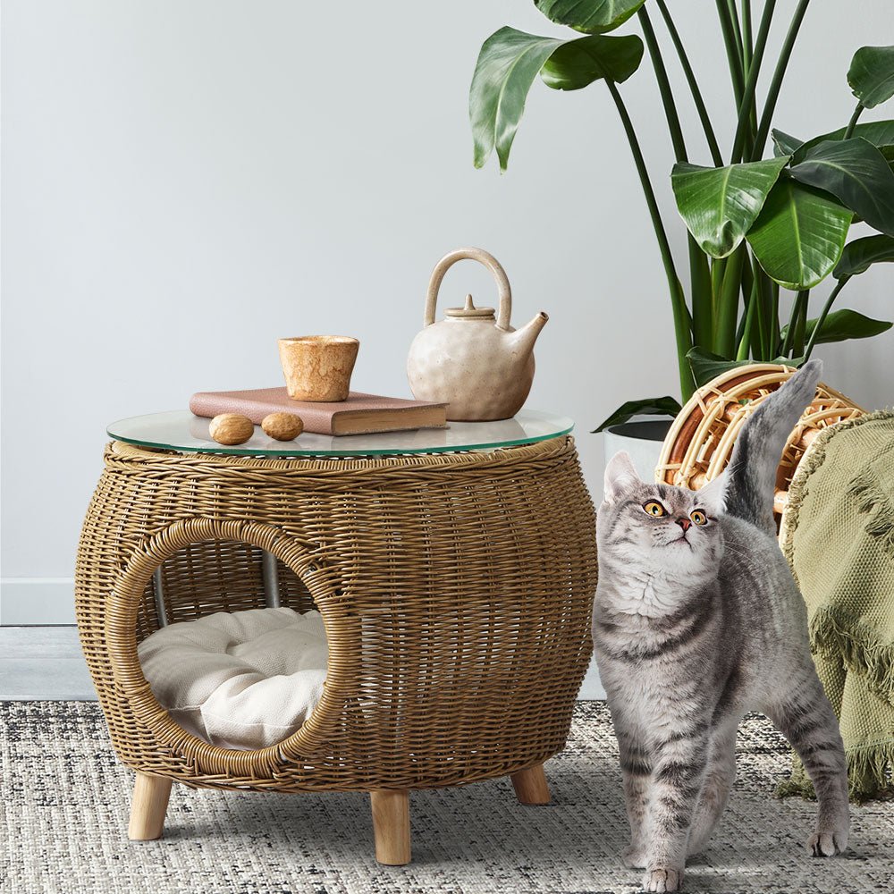 Stylish Wicker & Aluminum Coffee Side Table with Pet Bed Storage - Perfect for Living Room, Patio, and Outdoor Spaces
