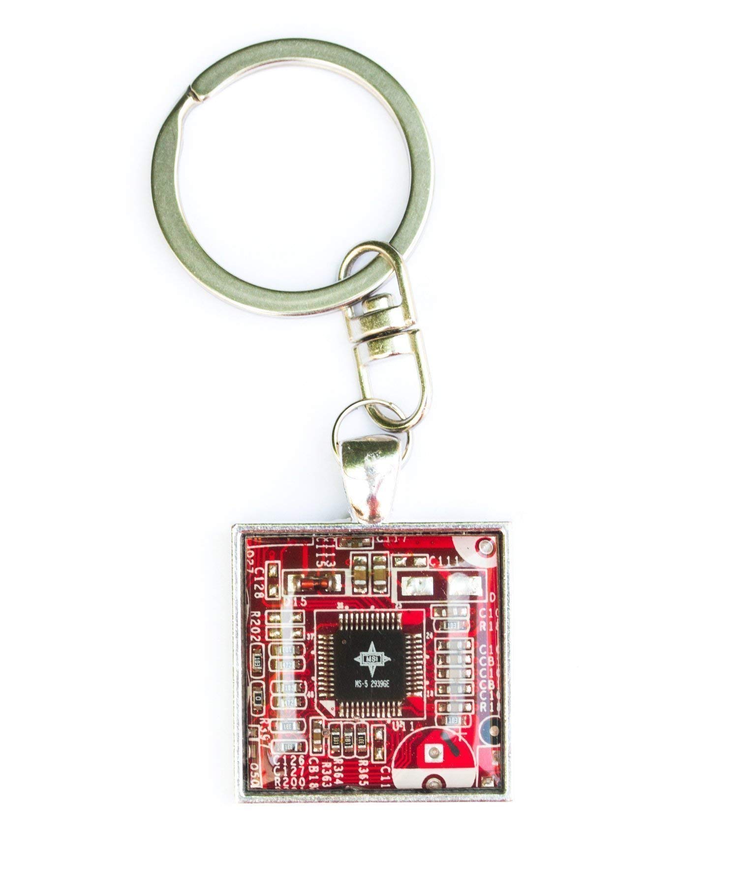 Eco-Friendly Recycled Circuit Board Keychain - Square Design (Red) | Unique Tech Gift for Engineers, Programmers & Electronics Enthusiasts | Perfect for Office Keys, Backpacks & Geek Accessories