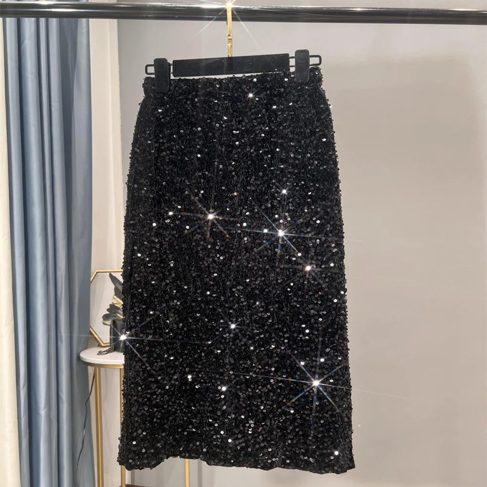 French High Waisted Slim Skirt for Women - Shiny Black Sequin Mid-Length Skirt with Side Split, Thickened Hip Design & All-Match Styling | Perfect for Parties, Date Nights & Evening Events