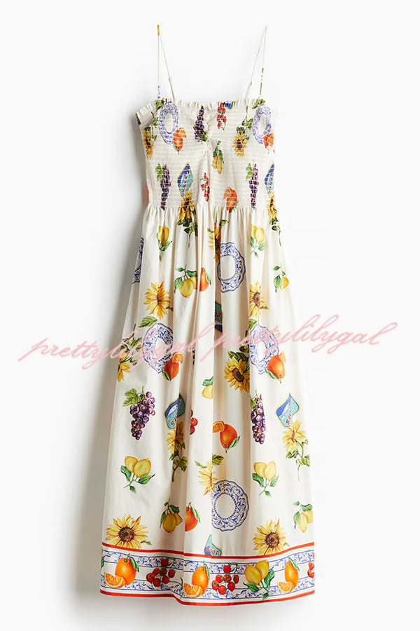 Stylish Summer Fruit Print Sling Pleated Midi Dress - Perfect for Vacation, Beach Outings & Casual Daywear
