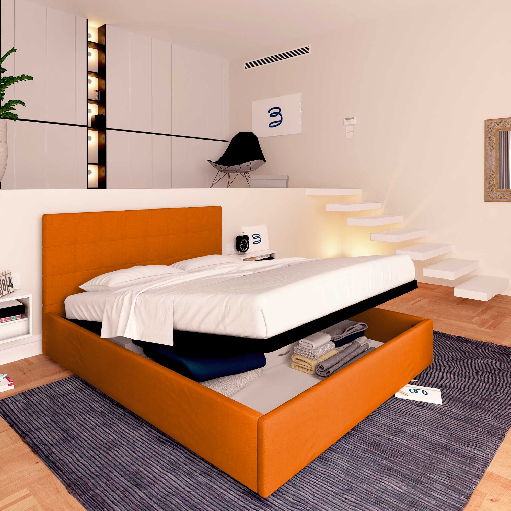 Baldiflex Single Bed with Storage, Synthetic Leather Dublin Model, Slatted Base for Single Mattress, 80 x 200 cm, Elegant Headboard, Orange - Perfect for Small Spaces, Guest Rooms & Modern Apartments
