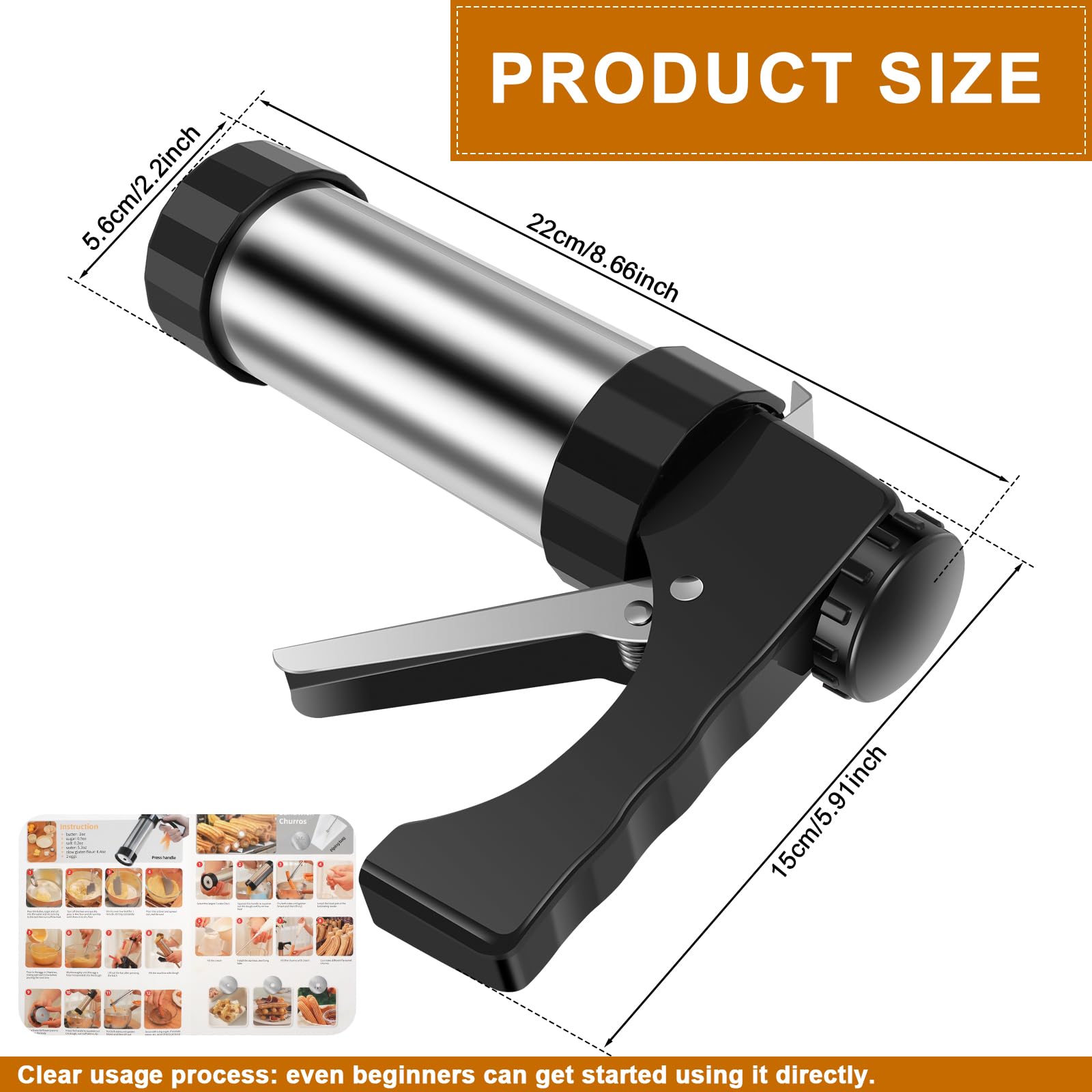 Stainless Steel Churro Maker Machine Kit with 3 Nozzle Tips & Piping Bag - Easy to Clean Hollow Churro Gun with Sponge Brush - Perfect for Home Baking, Parties, and Spanish Dessert Making