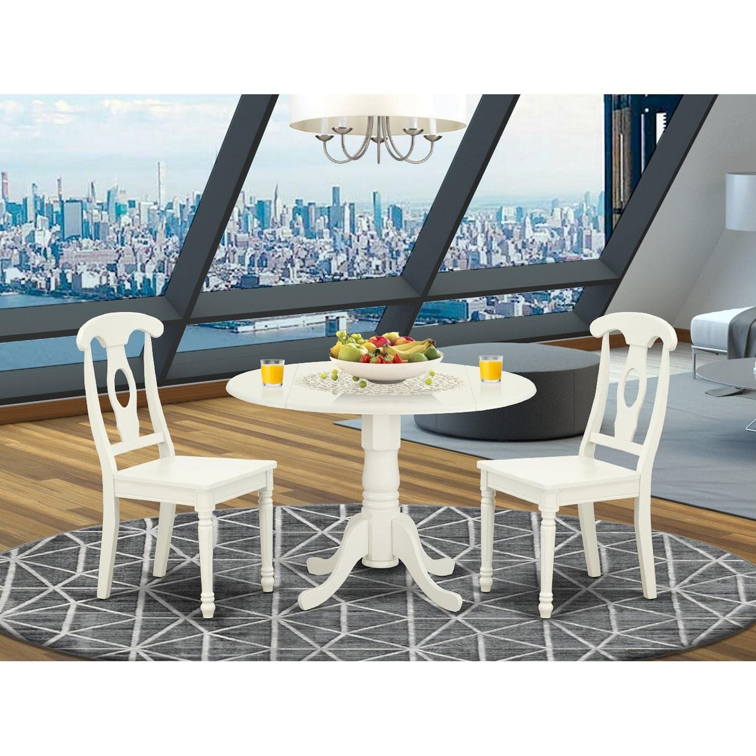 East West Furniture DLKE3-LWH-W 3 Piece White Linen Dining Set - 42 Inch Round Drop Leaf Kitchen Table with 2 Chairs | Perfect for Small Spaces, Breakfast Nooks & Cozy Apartments