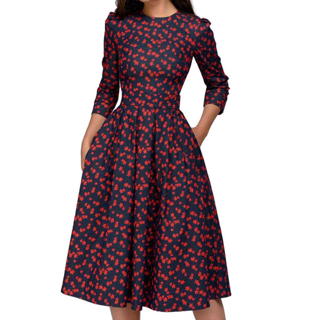 Vintage Floral Midi Dress for Women - 3/4 Sleeve A-Line Peasant Dress, Casual Elegant Cocktail Knee Length Dress - Perfect for Summer Parties, Weddings & Date Nights