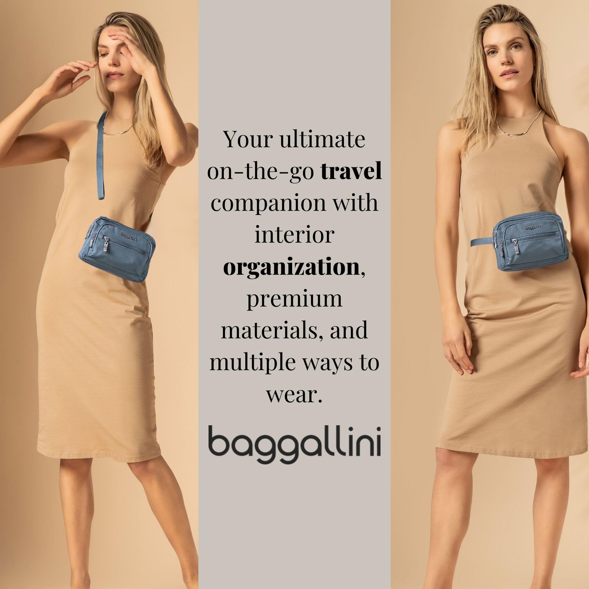 Baggallini Triple Zip Small Crossbody Bag for Women - 8x6 inch Lightweight Water-resistant Convertible Fanny Pack Belt Bag - Perfect for Travel, Shopping & Everyday Use