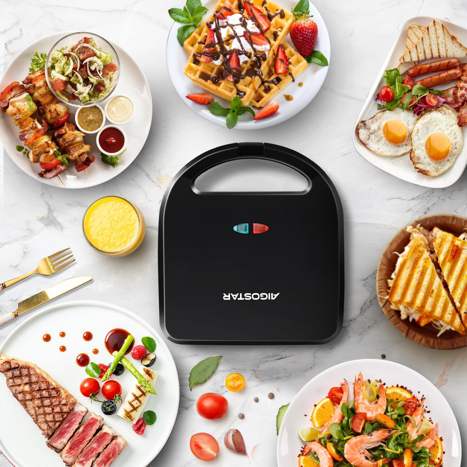Aigostar 3-in-1 Electric Sandwich Maker & Panini Press Grill with Removable Non-Stick Plates, Waffle Maker, Grilled Cheese Maker - 750W, Cool-Touch Handle, LED Indicator, Easy to Clean - Perfect for Breakfast, Lunch, Picnics & Office Snacks