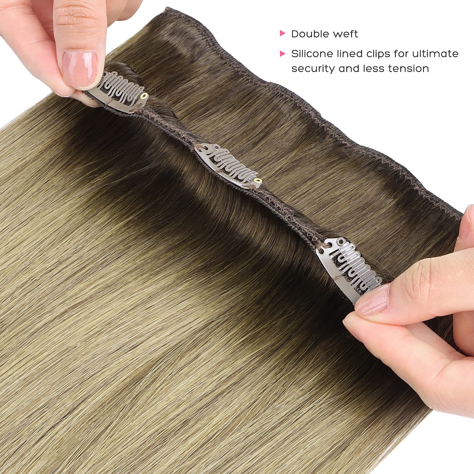 Marat Clip in Human Hair Extensions 18 Inch 120g - Walnut Brown, Ash Brown & Bleach Blonde Straight Remy Hair - Perfect for Parties, Weddings & Daily Styling