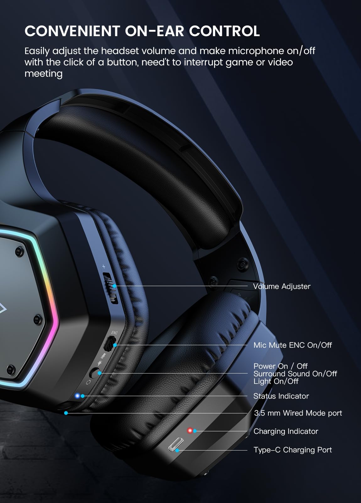 EKSA Wireless Gaming Headset with Microphone - 2.4GHz USB & 3.5mm Wired Headphones for PC, PS5, PS4, Xbox Series X/S, Nintendo Switch - 7.1 Surround Sound, RGB Lighting, Ergonomic Design - Perfect for Competitive Gaming, Streaming & Online Chat