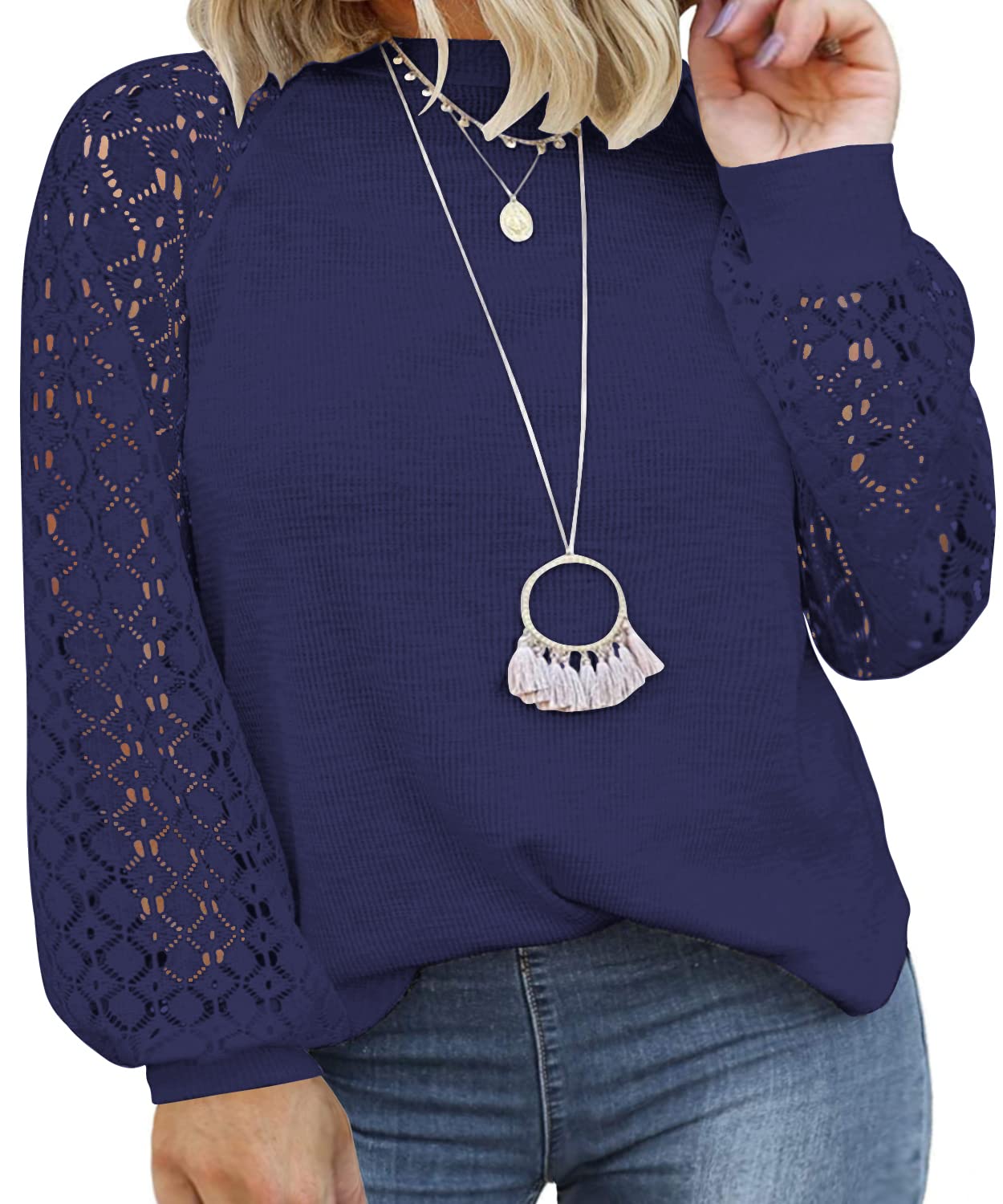 BeadChica Plus Size Women's Casual Long Sleeve T-Shirts - Elegant Lace Tops & Trendy Loose Blouses for Work, Date Night & Everyday Wear