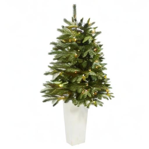 Nearly Natural 44-Inch Snowed Grand Teton Fir Artificial Christmas Tree with 50 Clear Lights & 111 Bendable Branches in Planter - Perfect for Living Room, Office, or Holiday Decorations