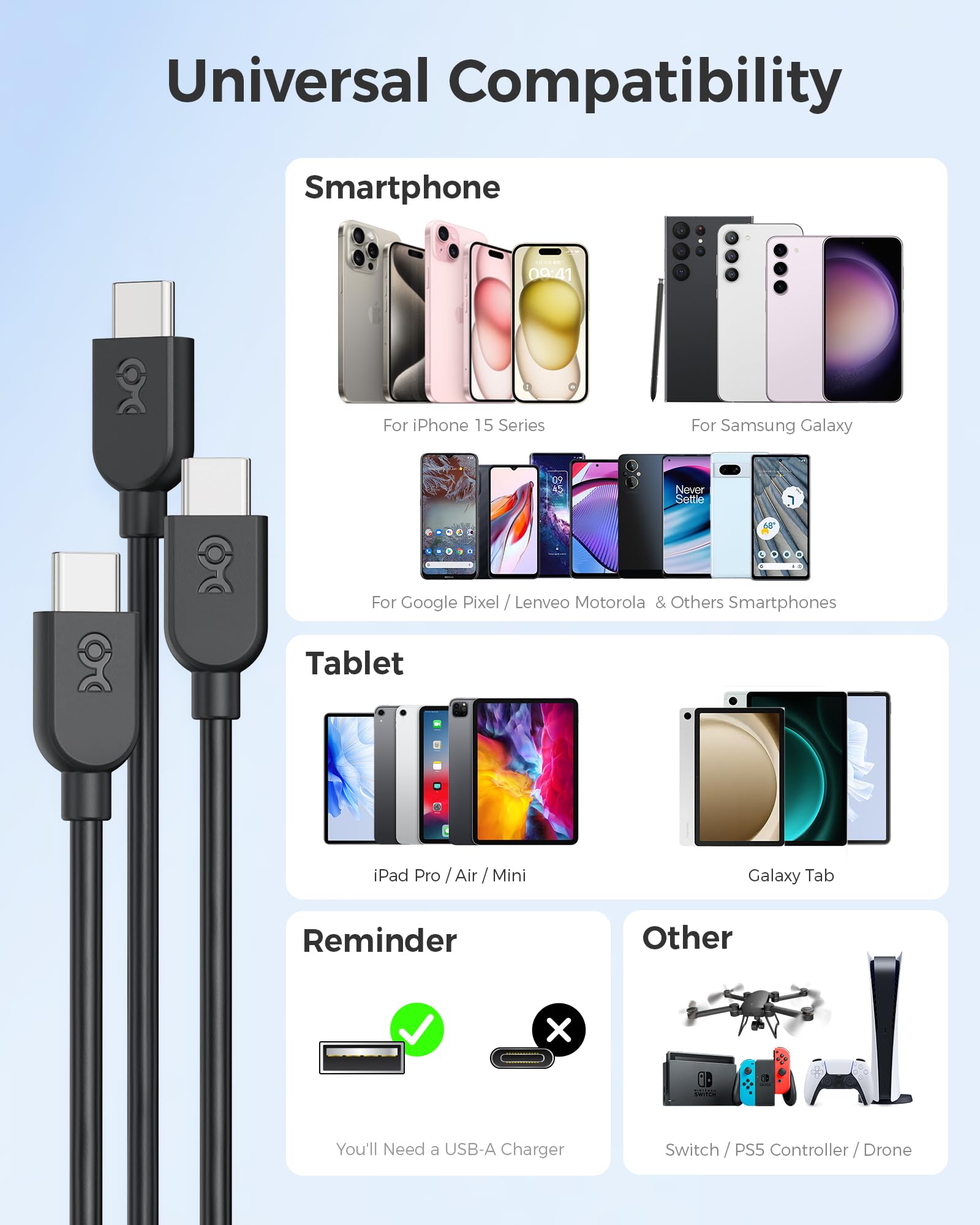 Cable Matters 3-Pack 3A Fast Charging USB A to USB C Cable 1.8m (6ft) - Flexible & Durable Charger Cord for iPhone 15/15 Pro/15 Plus, iPad Pro, Samsung Galaxy S23 - Perfect for Home, Office & Travel Charging