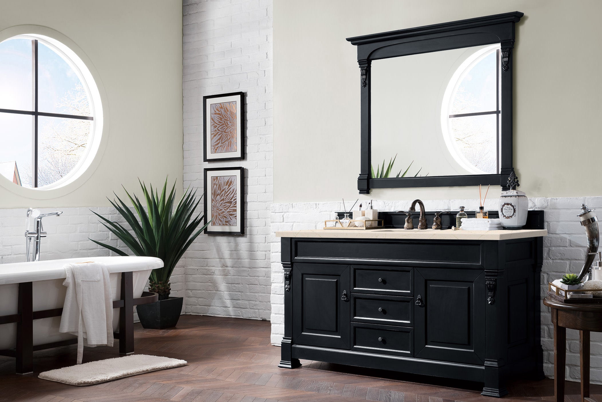 Brookfield 60 Inch Single Bathroom Vanity with Antique Black Finish & 3CM Eternal Marfil Quartz Countertop - Perfect for Modern Farmhouse, Coastal, or Traditional Bathroom Designs