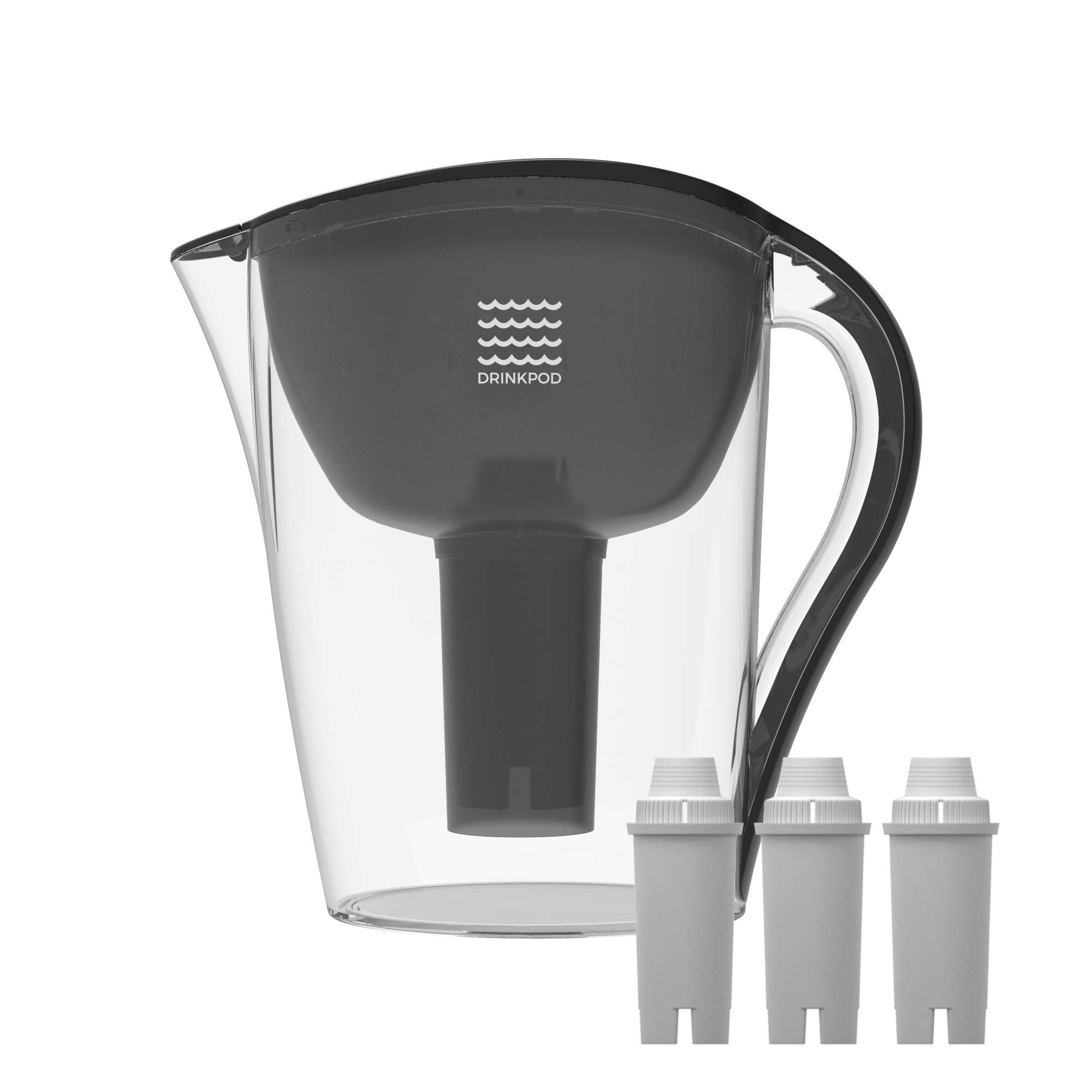 DRINKPOD 3.5L Water Filter Pitcher with 2 Bonus Cartridges - 14 Cup Capacity BPA-Free Water Purifier for Home & Office (Black) | Perfect for Refrigerator Storage & Family Hydration