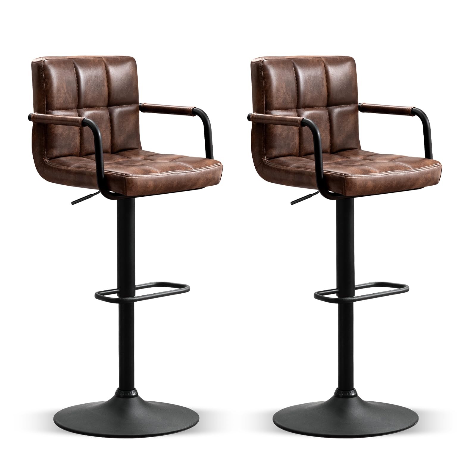 Furniliving Set of 2 Modern Square PU Leather Bar Stools with Back & Armrest - Adjustable Height Counter Stools for Kitchen, Bar, Pub, Cafe - Perfect for Breakfast Nooks, Home Bars & Restaurant Seating (Dark Brown)