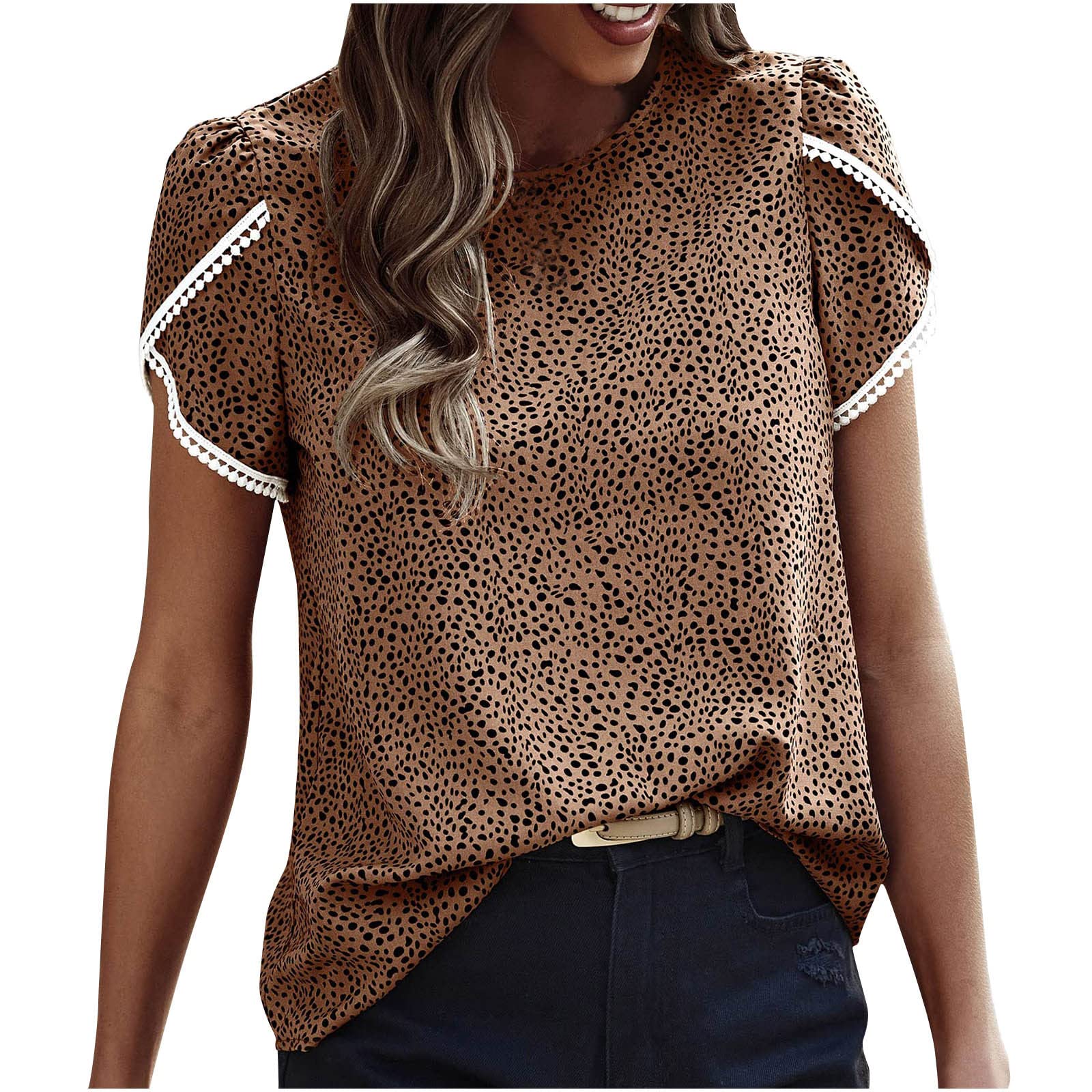 Women's Summer T-Shirts - Lace Trim Polka Dot Printed Crew Neck Blouse | Casual & Dressy Tee for Everyday Wear, Office, and Outings