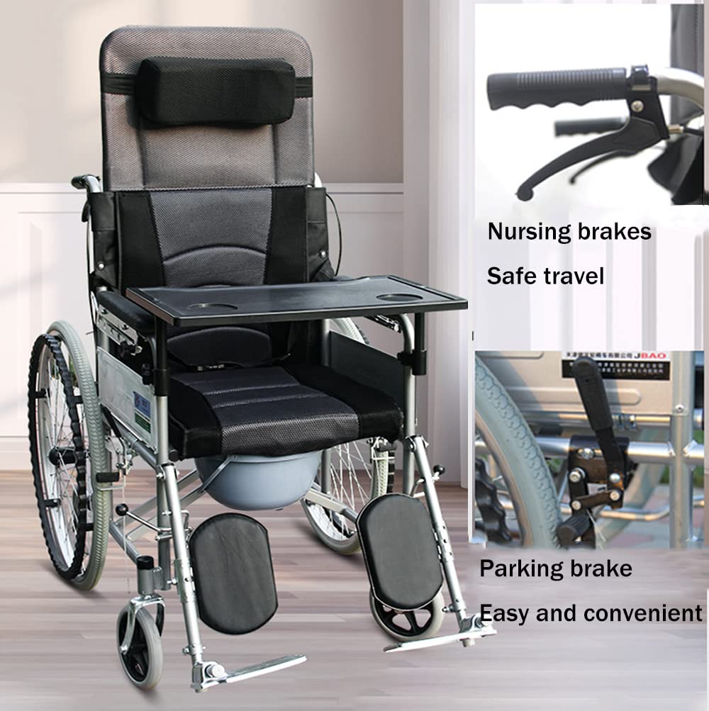 180° Reclining Wheelchair with Commode - 6-Speed Adjustable Folding Shower Chair for Elderly & Disabled Adults | Bedside Toilet & Bathroom Safety Solution for Home Care & Mobility Assistance
