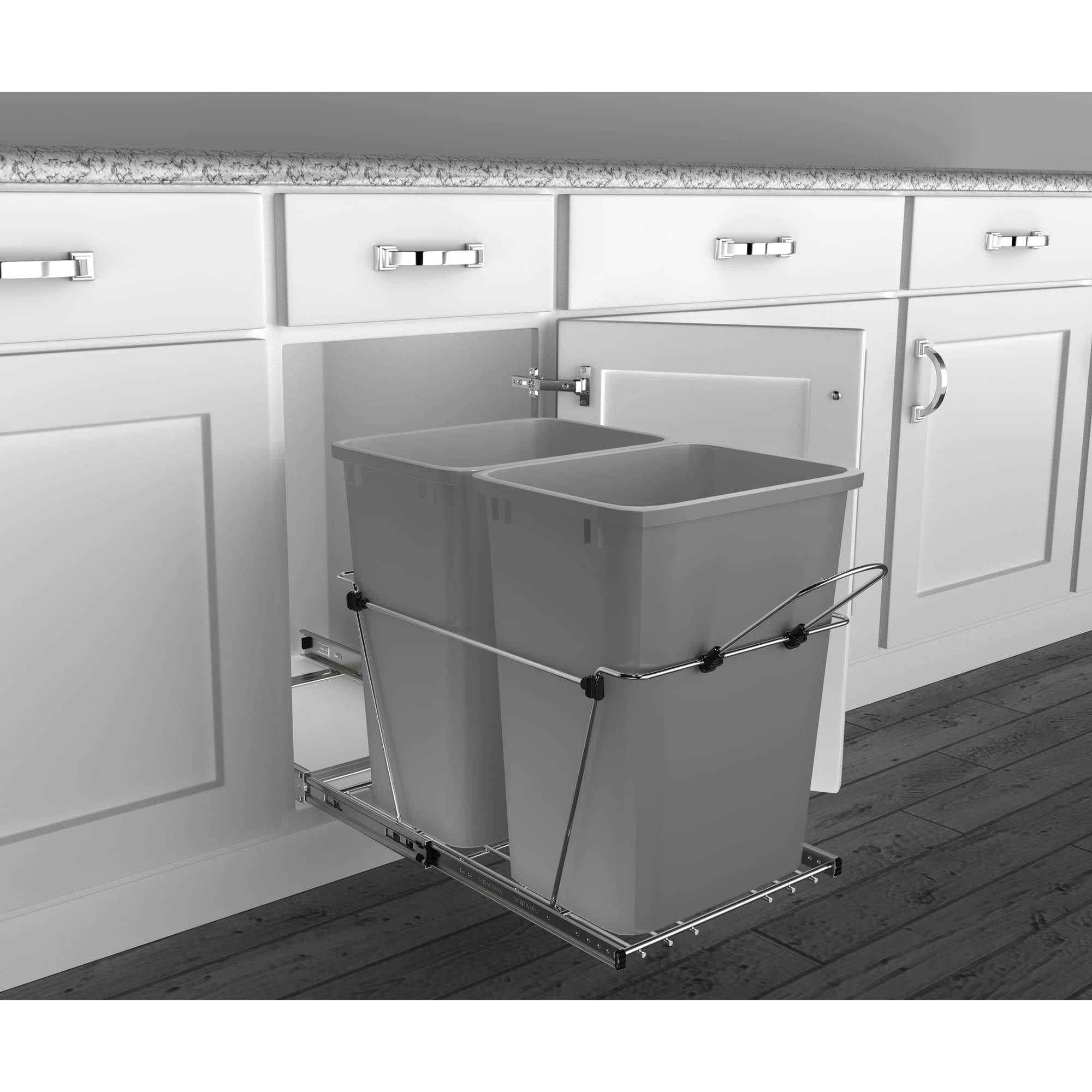 Rev-A-Shelf 35 Qt Double Pullout Trash Can for Kitchen Cabinets - Silver Garbage & Recycling Bin with Full-Extension Slides (Model RV-18KD-17C) | Perfect for Waste Management in Small Kitchens & RVs