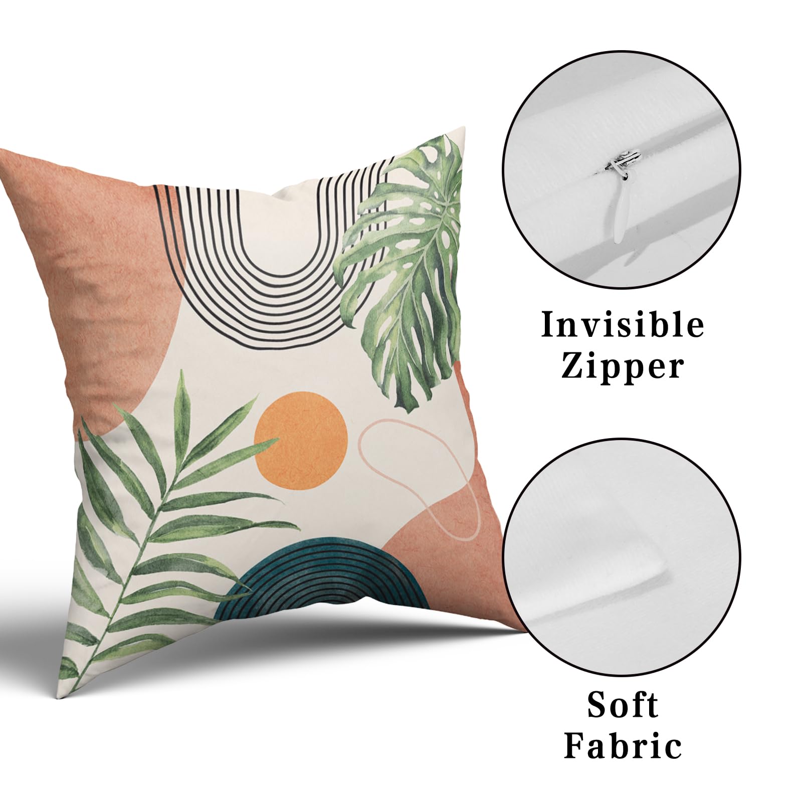 Boho Outdoor Throw Pillow Covers 18x18 Set of 2 - Abstract Art Bohemian Geometric Leaf Pillow Covers in Beige & Orange, Mid Century Modern Style Decor for Bed, Sofa, Living Room & Patio