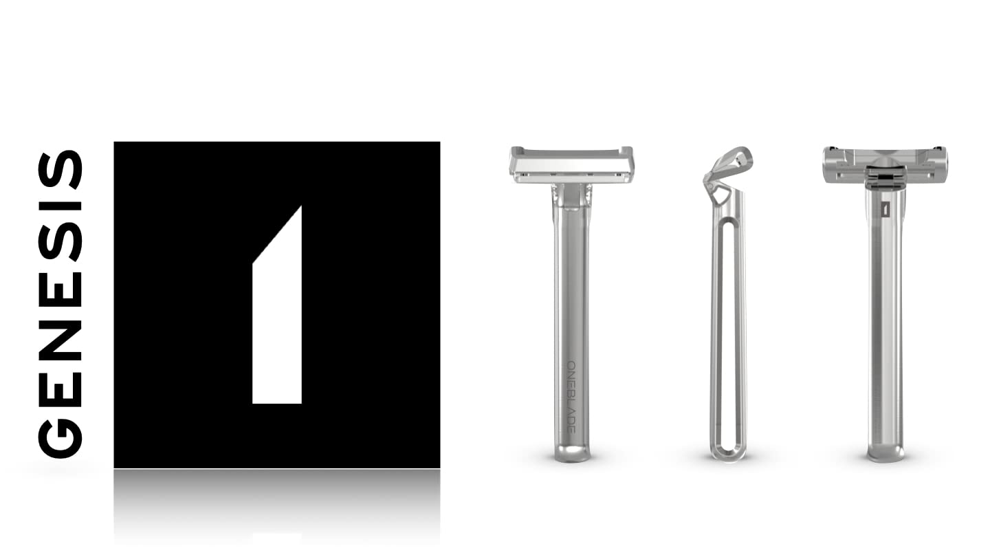 OneBlade Genesis Single Blade Safety Razor for Men - Premium Stainless Steel Pivoting Head Razor with Stand & 10 Japanese Feather FHS Blades - Best for Thick Coarse Beard & Sensitive Skin - Perfect for Daily Shaving, Travel & Gift Giving