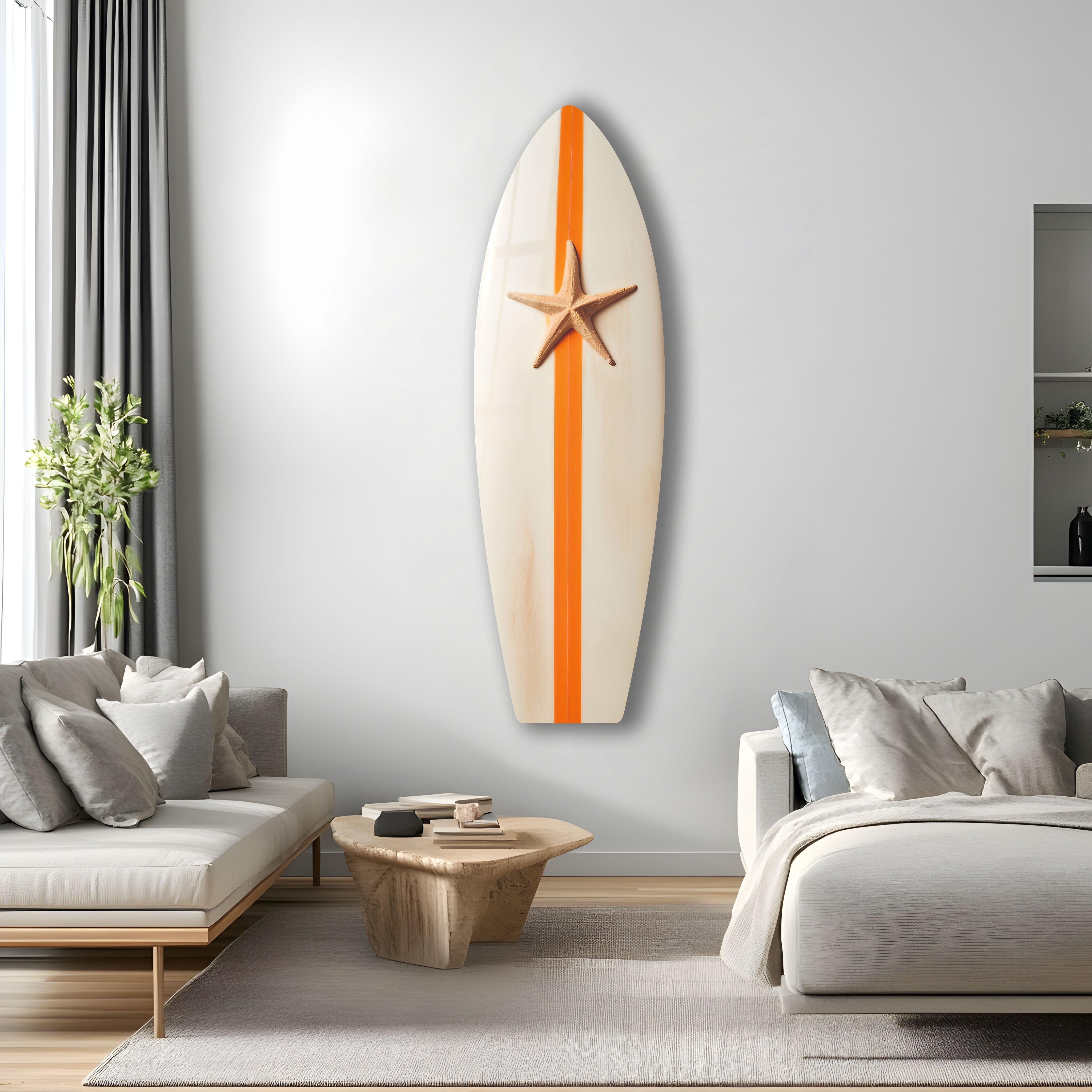 Beach Sea Star Surfboard Wall Art - Coastal Decor for Living Room, Bedroom & Office - Nautical Themed Handmade Wooden Surfboard Decor