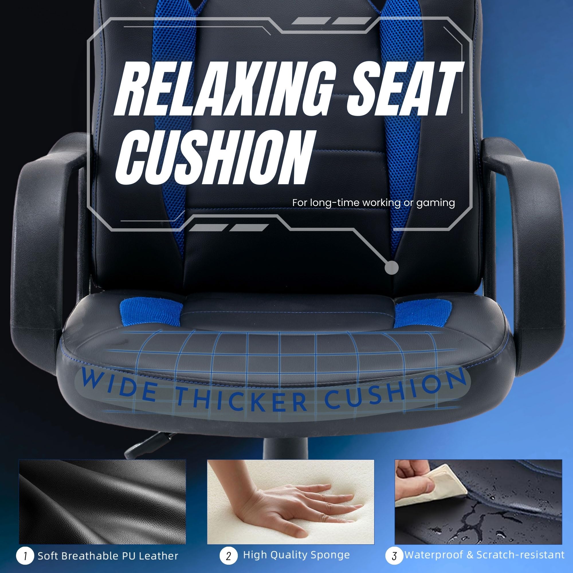 Ergonomic Gaming Chair for Adults & Teens - High Back Racing Style Computer Desk Chair with PU Leather, Adjustable Height & Lumbar Support - Perfect for Home Office, Gaming & Workstations (Black & Blue)