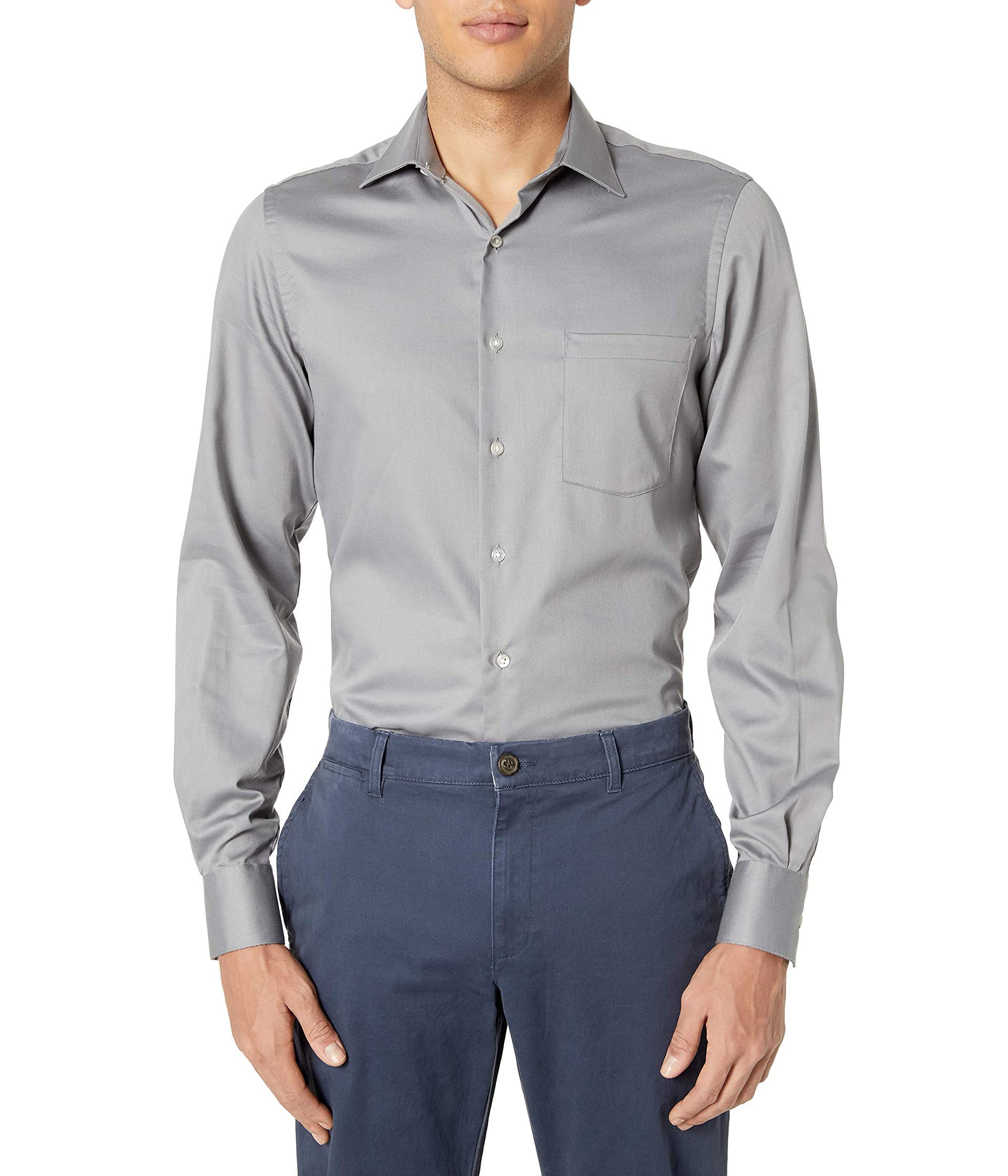 Van Heusen Men's Slim Fit Dress Shirts - Lux Sateen Stretch Solid Spread Collar Button Down Shirt for Business, Office & Formal Occasions