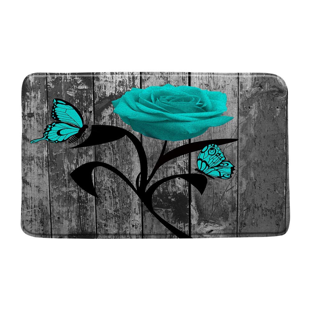 Rustic Farmhouse Bath Mat - Teal Rose Flower & Butterfly Design, Gray Barn Door Wooden Theme, Microfiber Memory Foam Bathroom Rug, 17.7