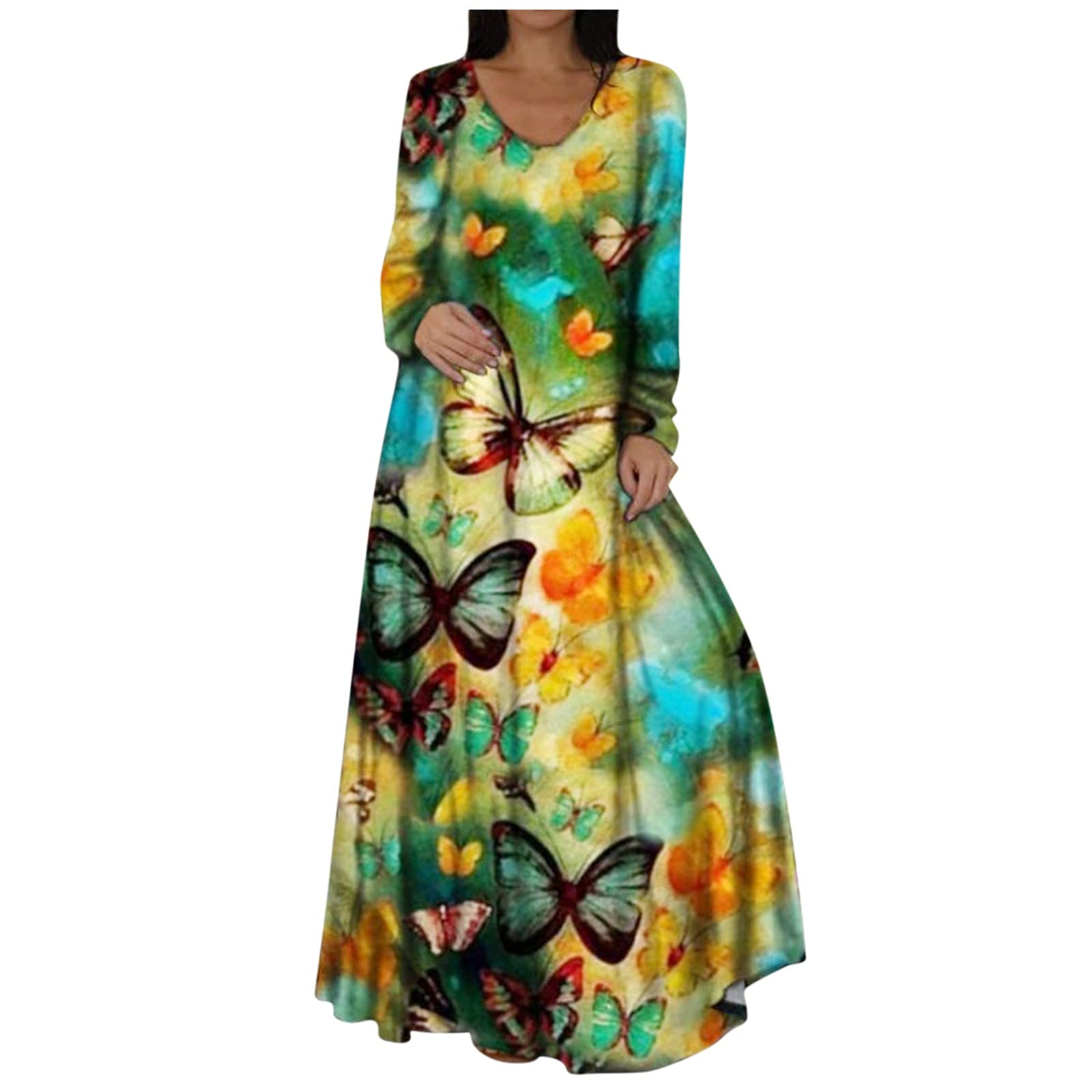 JUNGE 2021 Women's Boho Maxi Dress - Plus Size V Neck Printed Long Dress with Oversized Long Sleeves & Lace Details | Perfect for Beach Vacations, Summer Parties & Boho Fashion Lovers