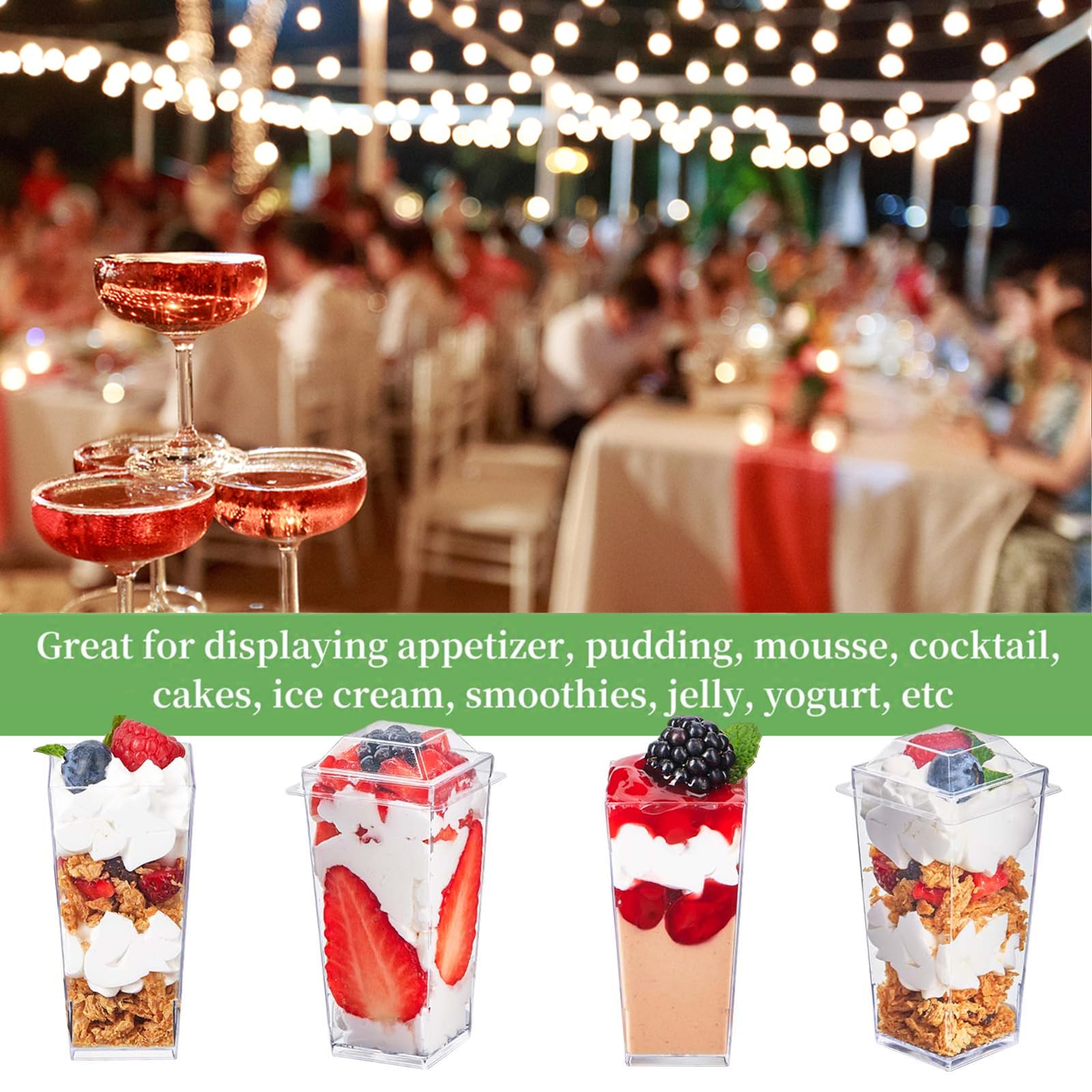 TOFLEN 50 Pack 3 oz Clear Plastic Square Mini Dessert Cups with Lids & Spoons - Perfect for Party, Yogurt, Parfait, Cheesecake, Pudding, Jello & Appetizers | Great for Catering, Wedding Favors, Baby Showers & Dessert Bars