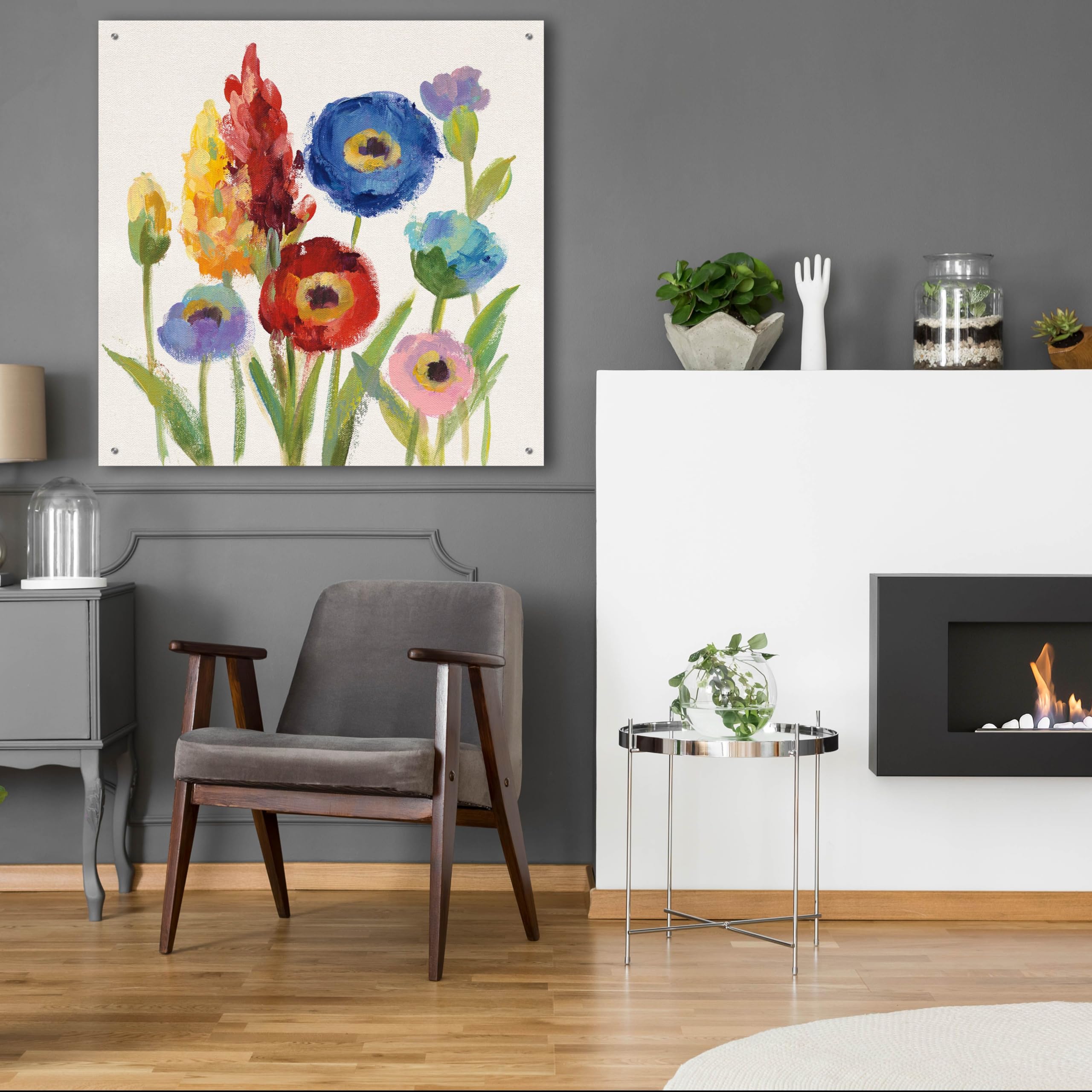 Wild Garden I by Silvia Vassileva - 36x36 Inch Modern Acrylic Glass Wall Art Painting - Vibrant Floral Home Decor for Living Room, Bedroom & Office