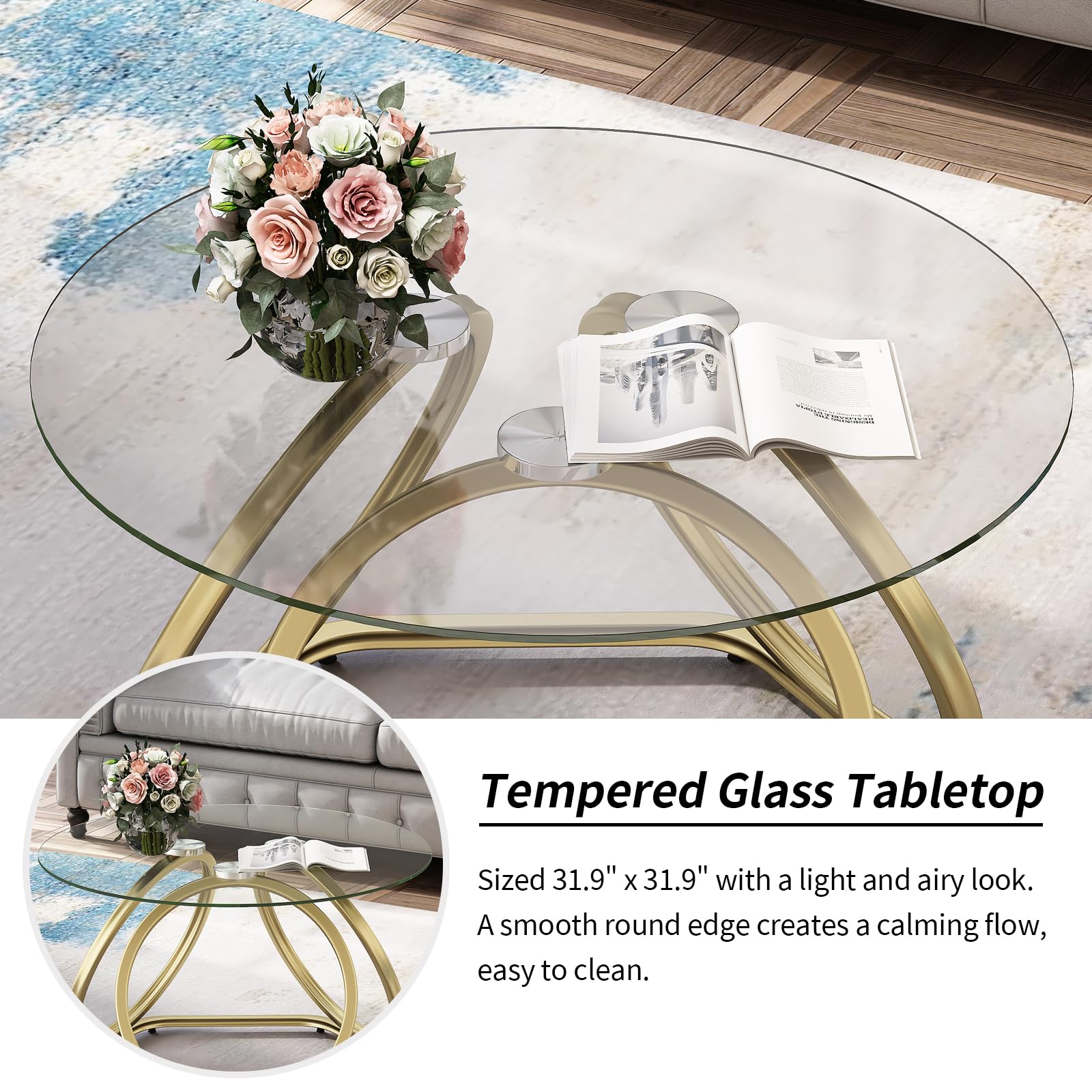 Modern Gold Glass Coffee Table with Hexagonal Base - Round Living Room & Office Table - Elegant Gold Finish - Perfect for Home Decor, Lounge, and Workspace - 1 PC