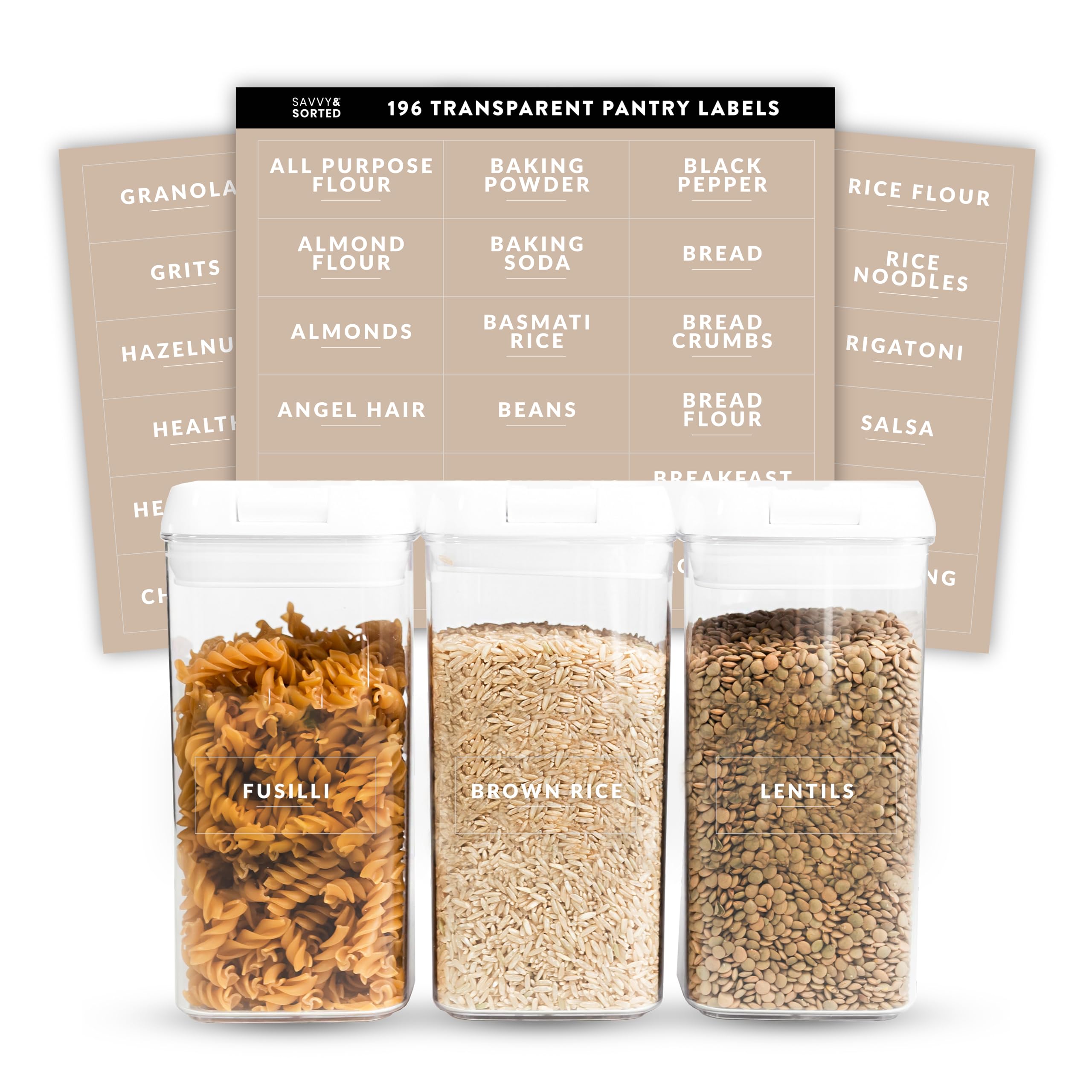 SAVVY & SORTED Pantry Labels for Food Containers - 198 Modern Font Clear Sticker Labels for Kitchen Organization | Perfect for Pantry, Canister & Food Storage Containers | Ideal for Home, Restaurant & Meal Prep Organization