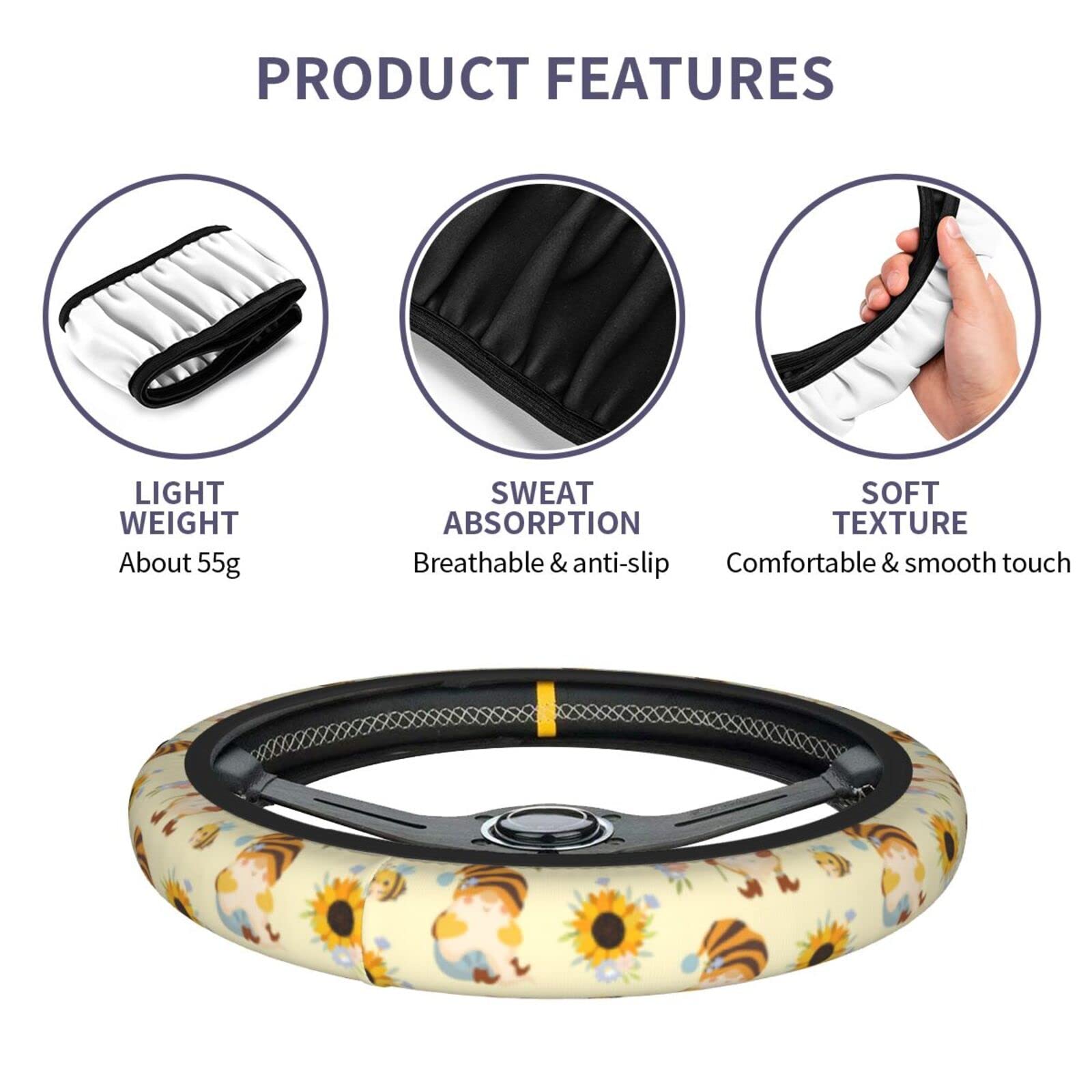 Universal 15 Inch Cute Gnome Sunflower Bee Steering Wheel Cover - Neoprene Car Wheel Protector for Summer & Road Trips - Bee Print Automotive Accessories for Women & Teens
