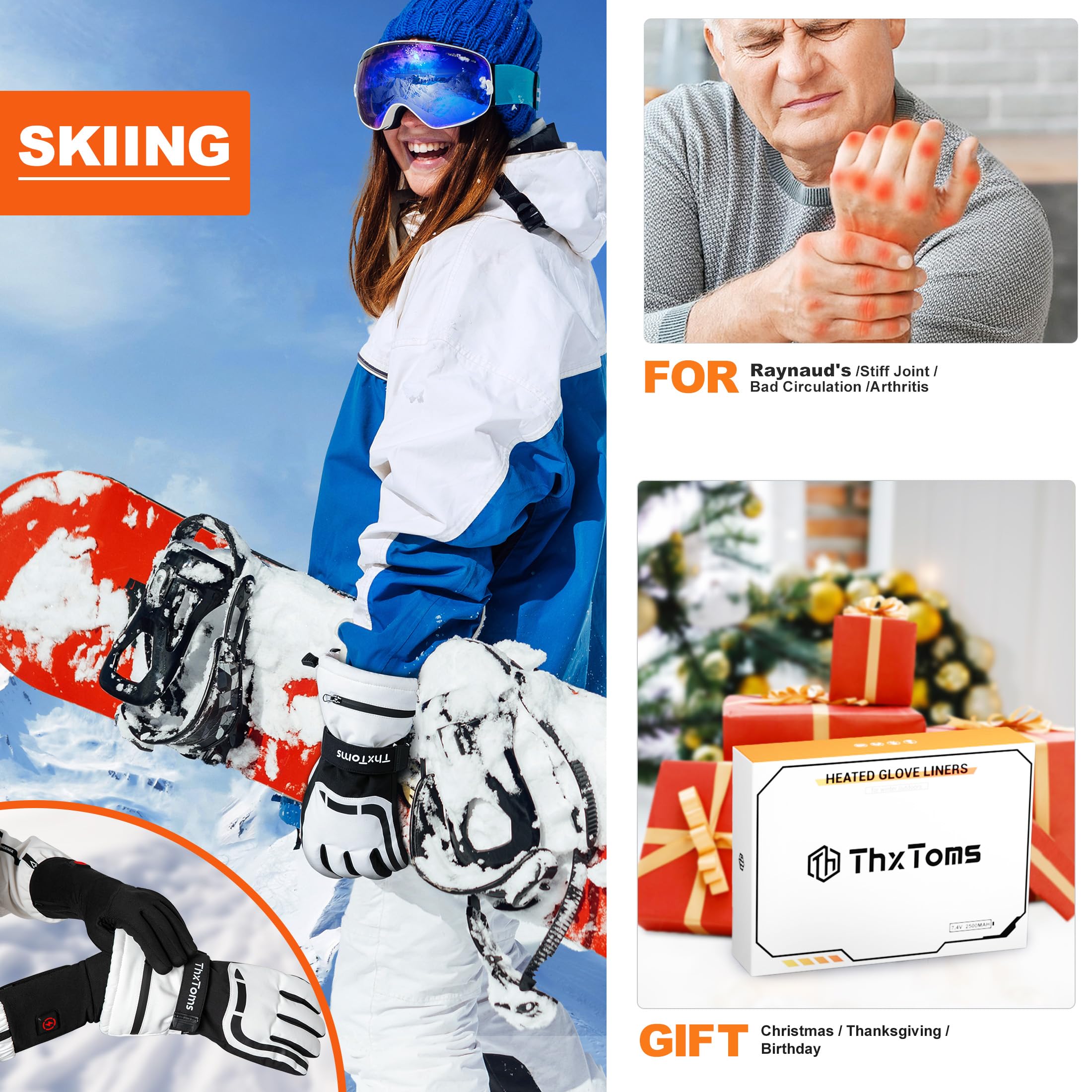 ThxToms Rechargeable Electric Heated Gloves for Men & Women - Thin Battery-Powered Heating Gloves for Raynaud's, Arthritis - Touchscreen Compatible for Skiing, Driving & Outdoor Activities - Instant Warmth & Dexterity
