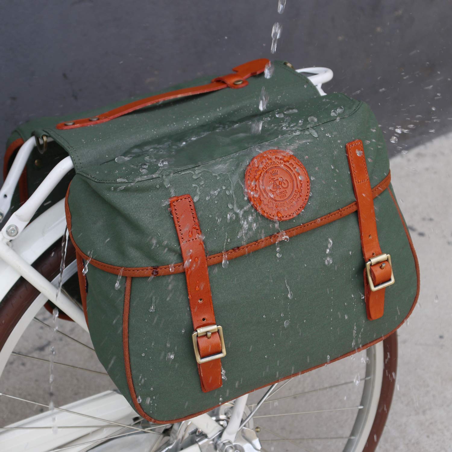 TOURBON Waterproof Bike Pannier Bags - Durable Canvas & Leather Bicycle Rear Rack Tail Bag for Commuting, Touring & Outdoor Adventures