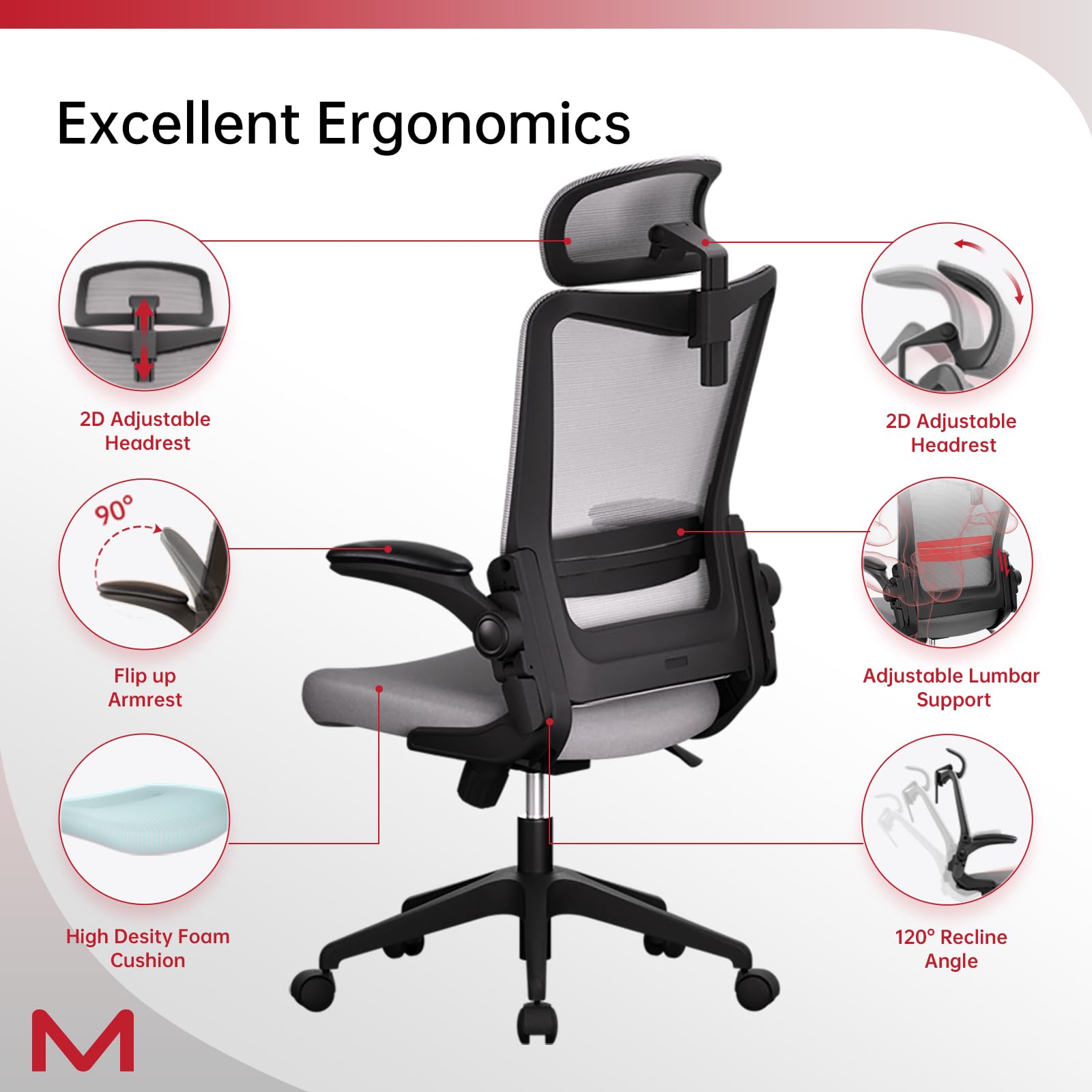 Ergonomic Mesh Office Chair with Lumbar Support & 4D Adjustable Armrests - C6 Grey Computer Desk Chair with 2D Headrest, 120° Rocking Function for Home Office, Conference Room & Workspace Comfort