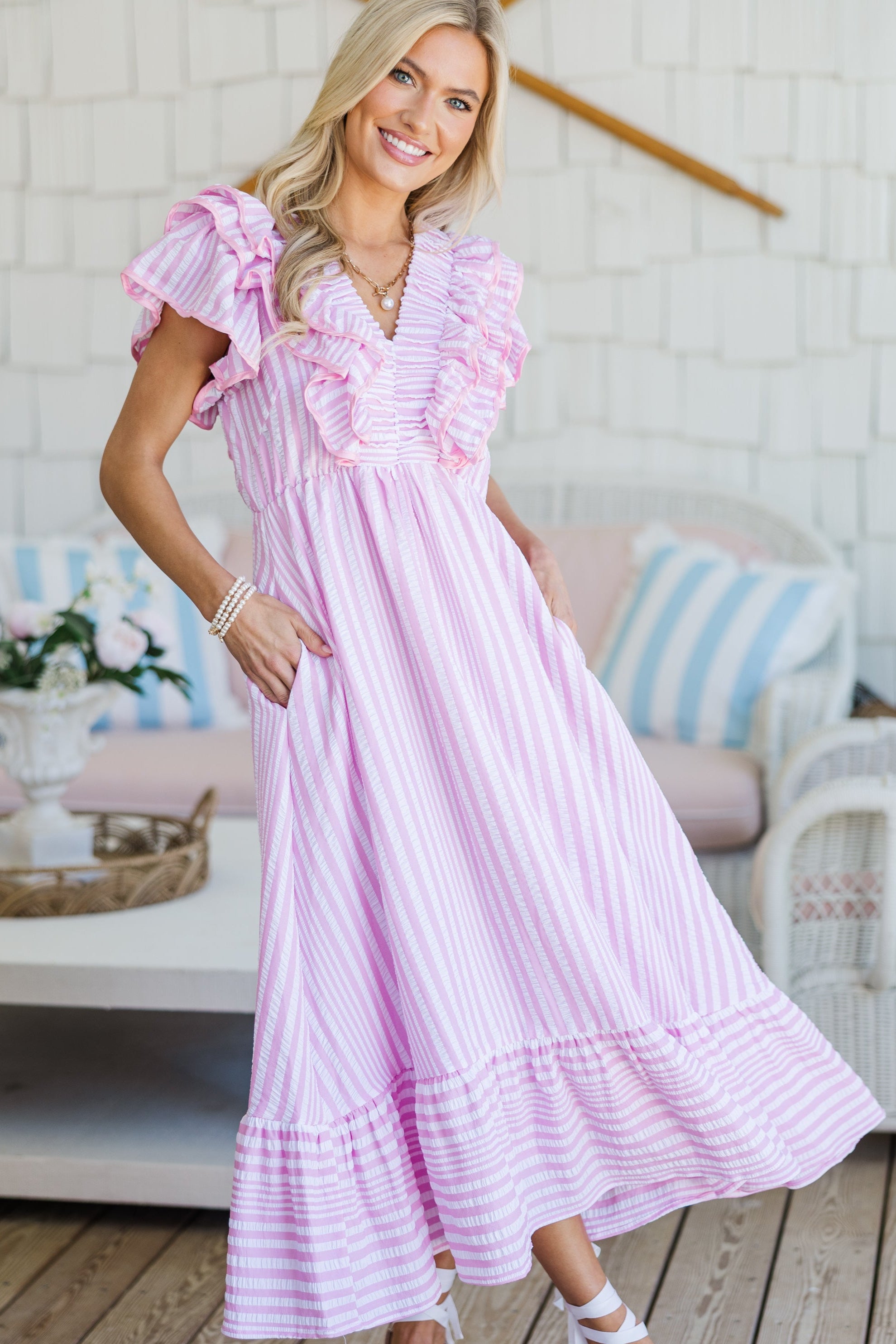 Darling Daydream Pink Seersucker Dress - Flowy Summer Dress for Women, Perfect for Beach Vacations & Garden Parties