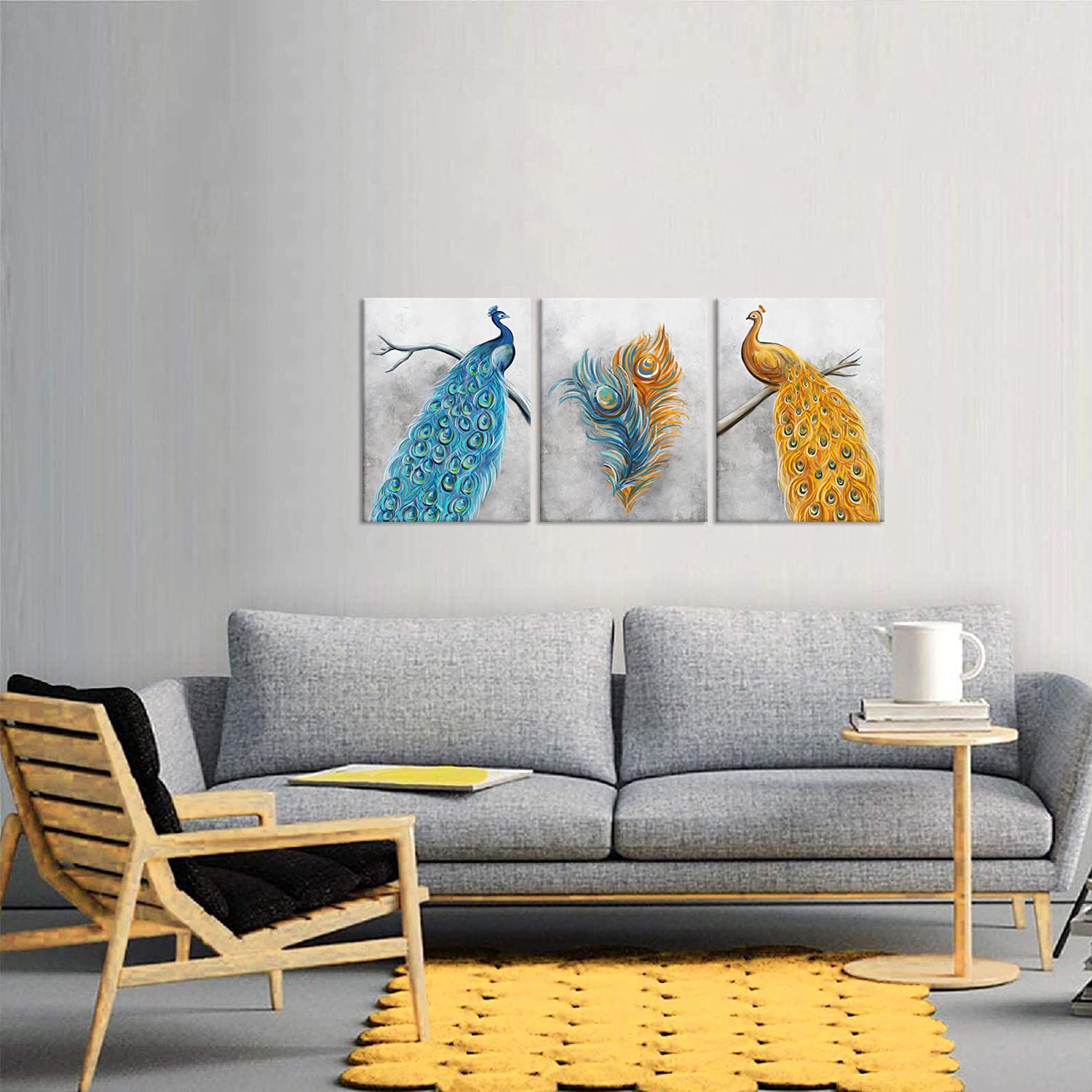 Peacock Blue and Gold Canvas Wall Art - Abstract Peacock Feather Painting for Kitchen, Bedroom & Living Room Decor | Modern Animal Print Aesthetic Home Décor