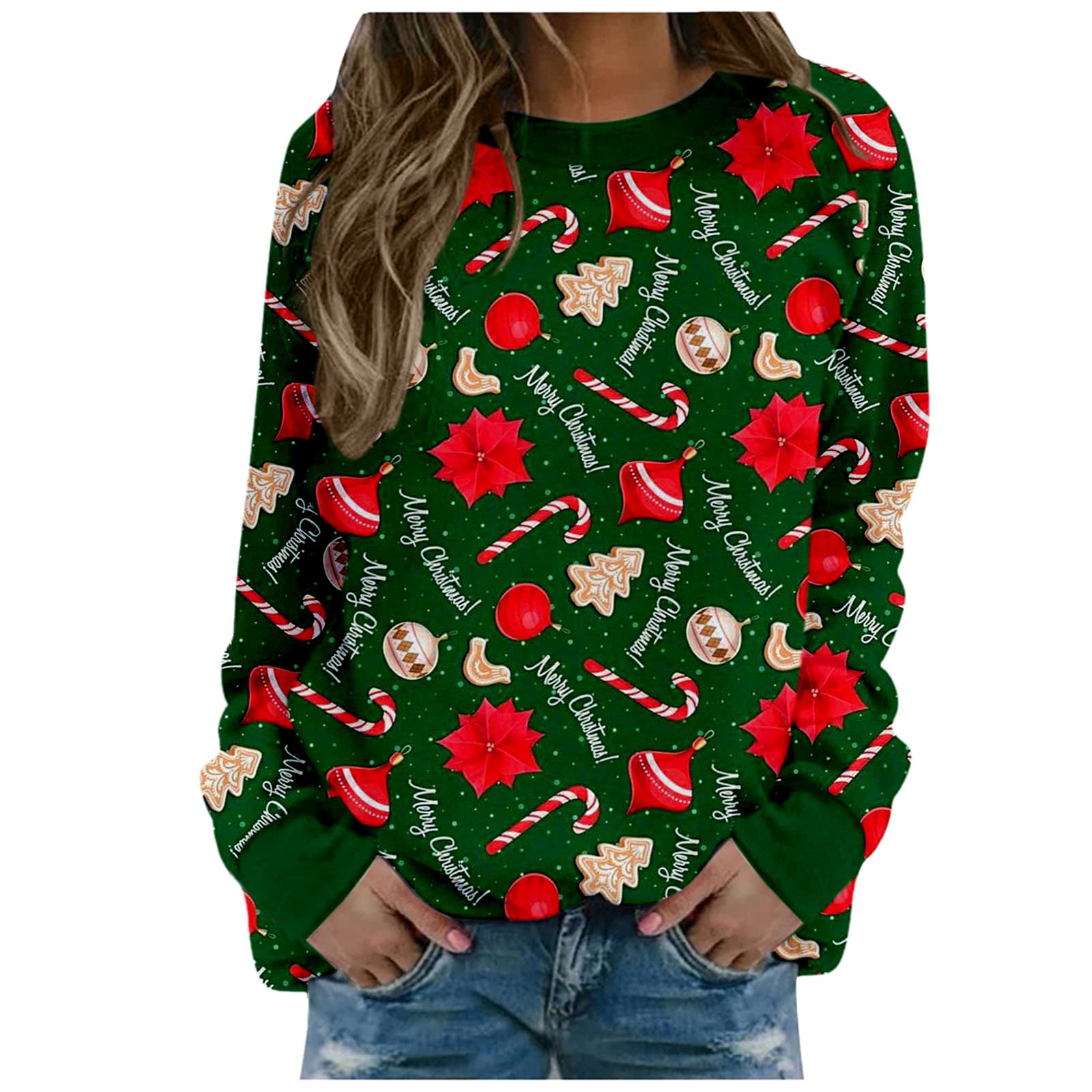 XTBFOOJ Women's Long Sleeve Christmas Printed Crewneck Sweatshirt - Cozy Fall Pullover Blouse for Casual Wear, Holiday Parties & Gift Giving