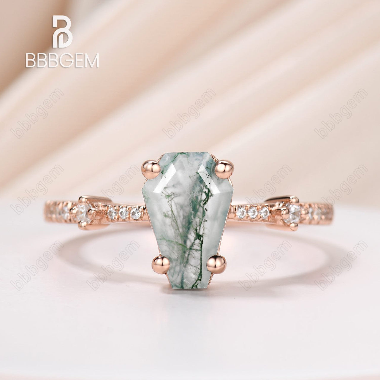 Natural Green Moss Agate Promise Ring with Moissanite Band in Rose Gold & Silver | Unique Coffin Cut Design for Engagement, Wedding & Anniversary Gifts | Handmade Jewelry for Her