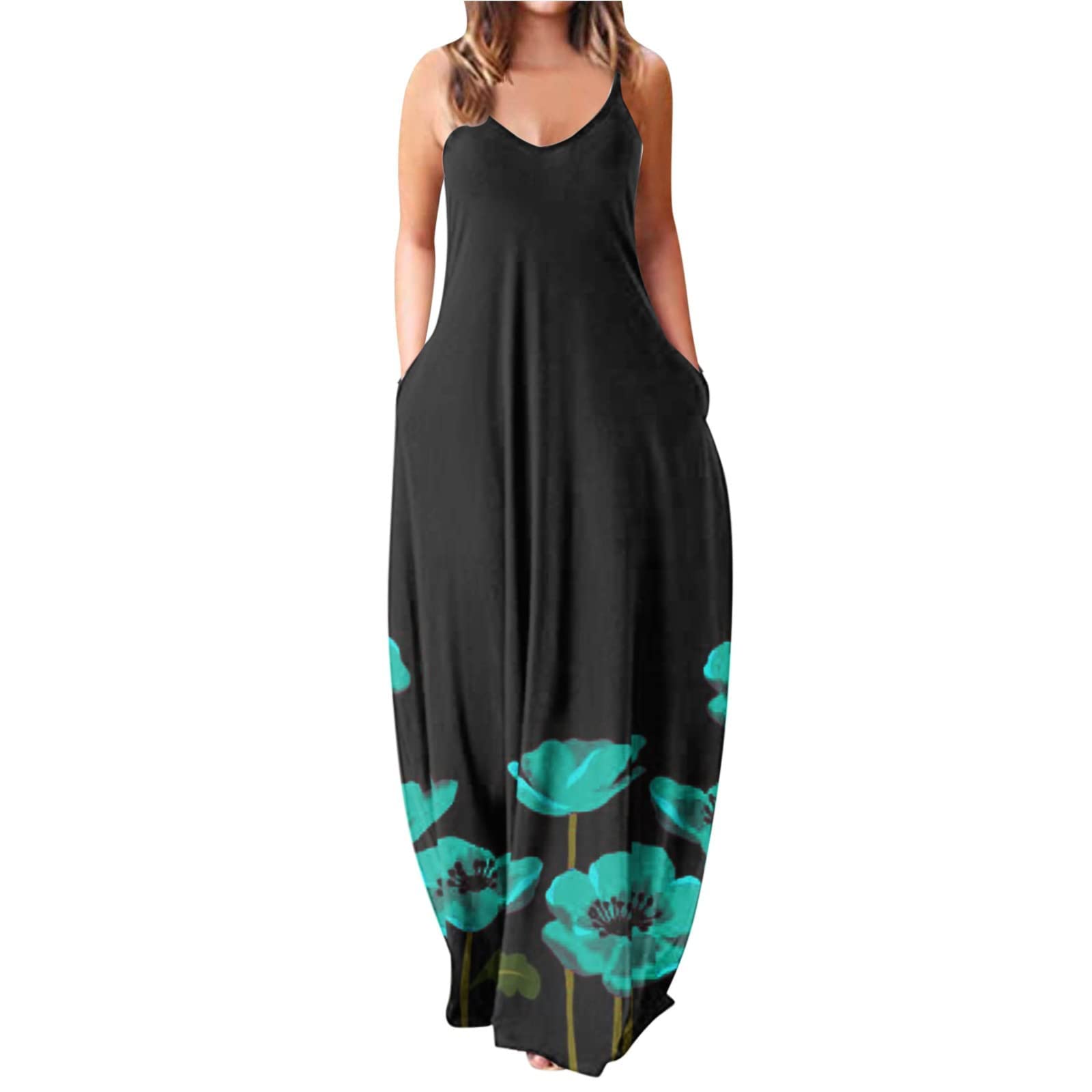 KDDYLITQ Women's Spring & Summer Maxi Dress - Striped Print, Sleeveless with Pockets, Plus Size Suspenders - Perfect for Beach, Vacation & Casual Outings